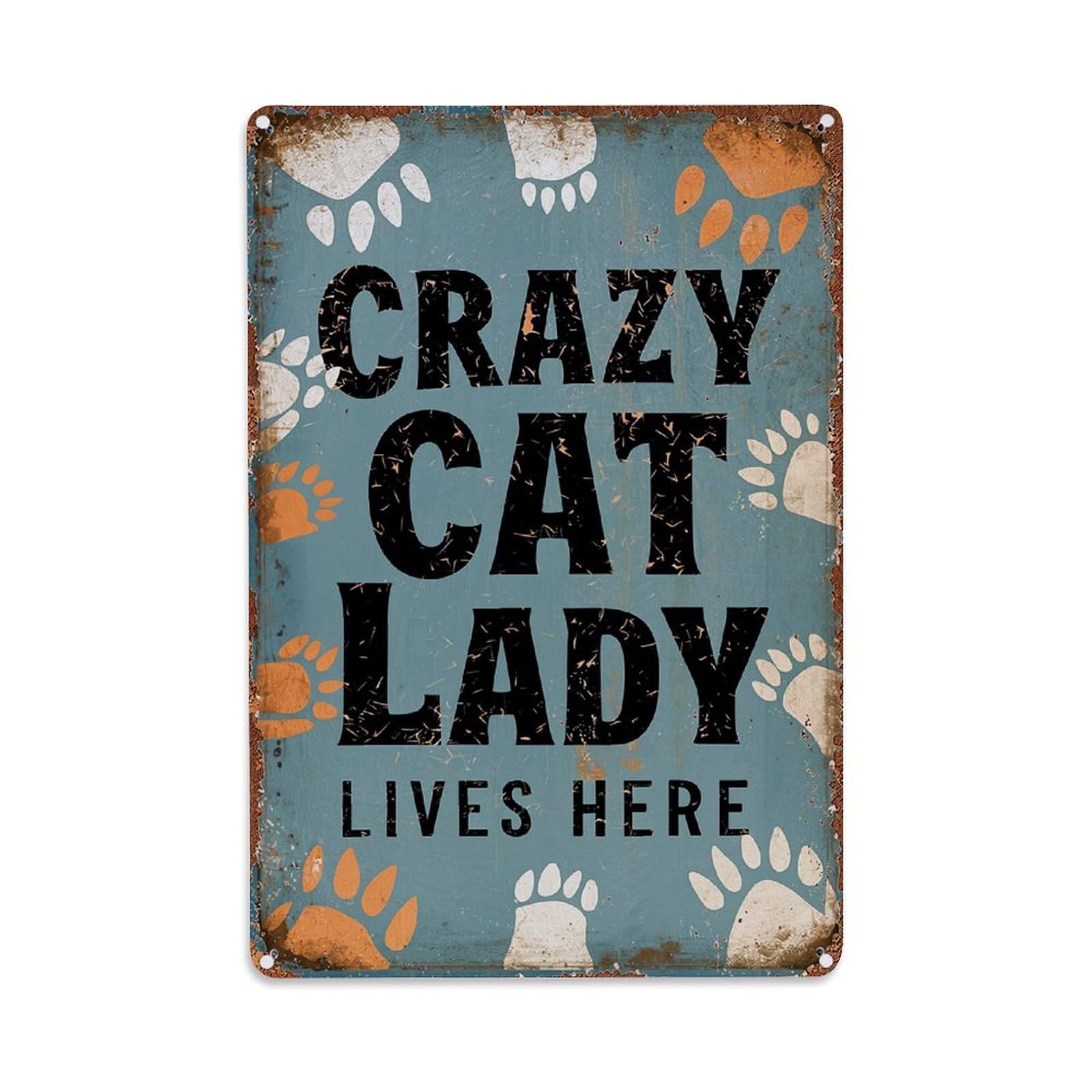 Jdfenggu Vintage Crazy Cat Lady Lives Here Retro Metal Tin Sign, Decor Art Poster For Bar, Home, Man Cave, Kitchen, Laundry Room Gift 8X12inch