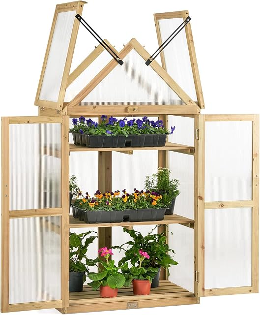 CHRISTOW Wooden Greenhouse Garden Cold Frame Lean To Grow House Polycarbonate Windows (H130cm x W70cm x D40cm) (Natural Finish)