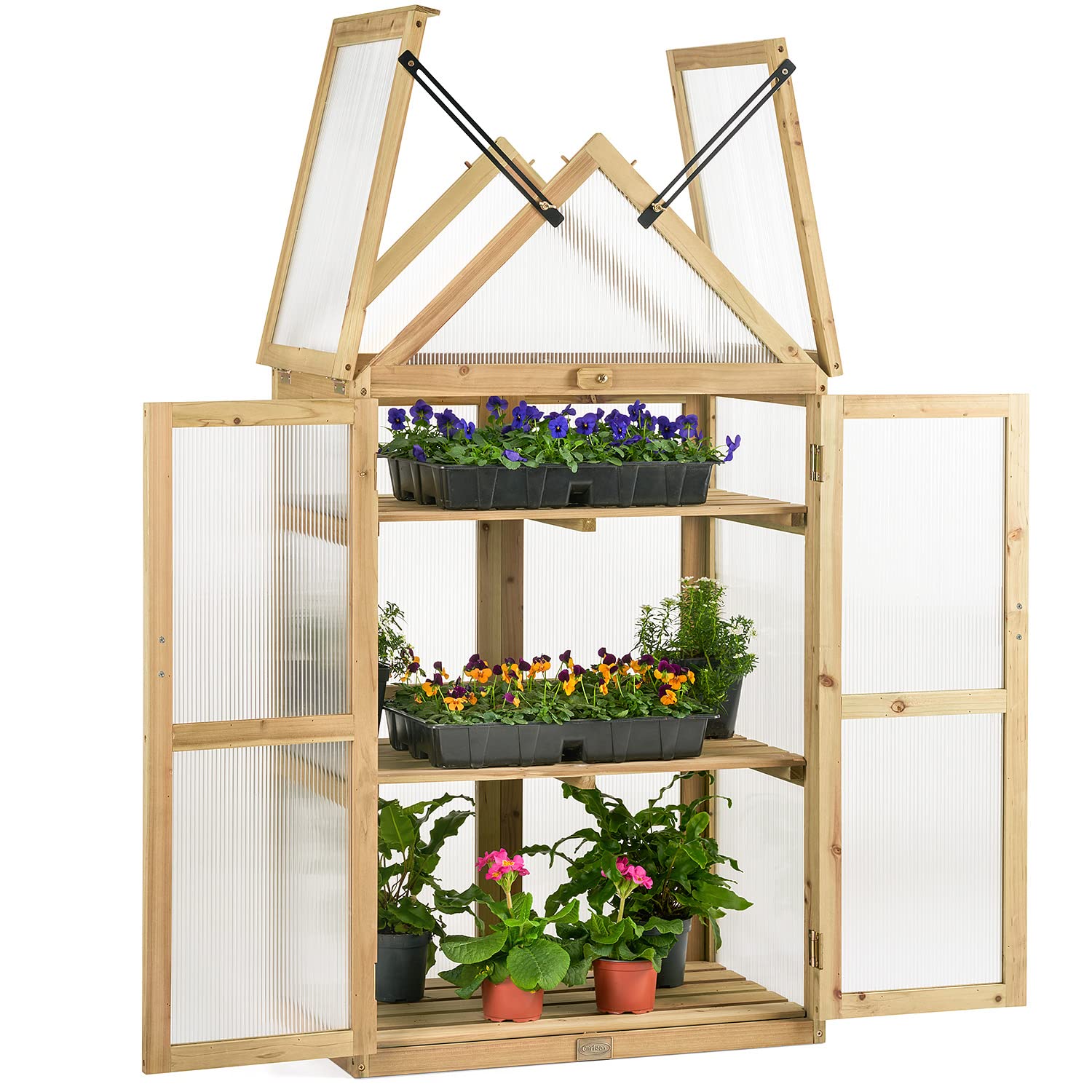 Christow Wooden Greenhouse Garden Cold Frame Lean To Grow House Polycarbonate Windows (H130cm x W70cm x D40cm) (Natural Finish)