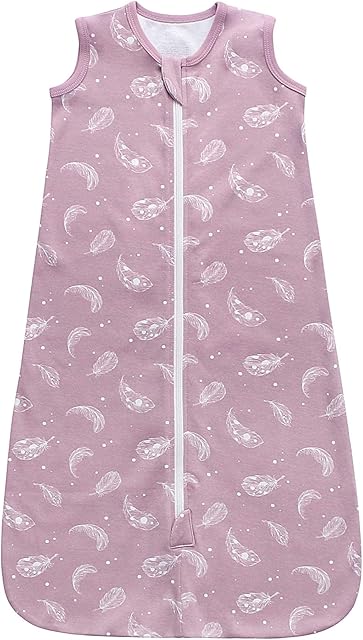 Baby Organic Cotton Wearable Blanket 0.5 Tog Lightweight Sleeping Sack with 2-Way Zipper, Boys Girls Swaddle Blanket Infant Sleeping Bag(Feather Mauve, 3-12 Months)