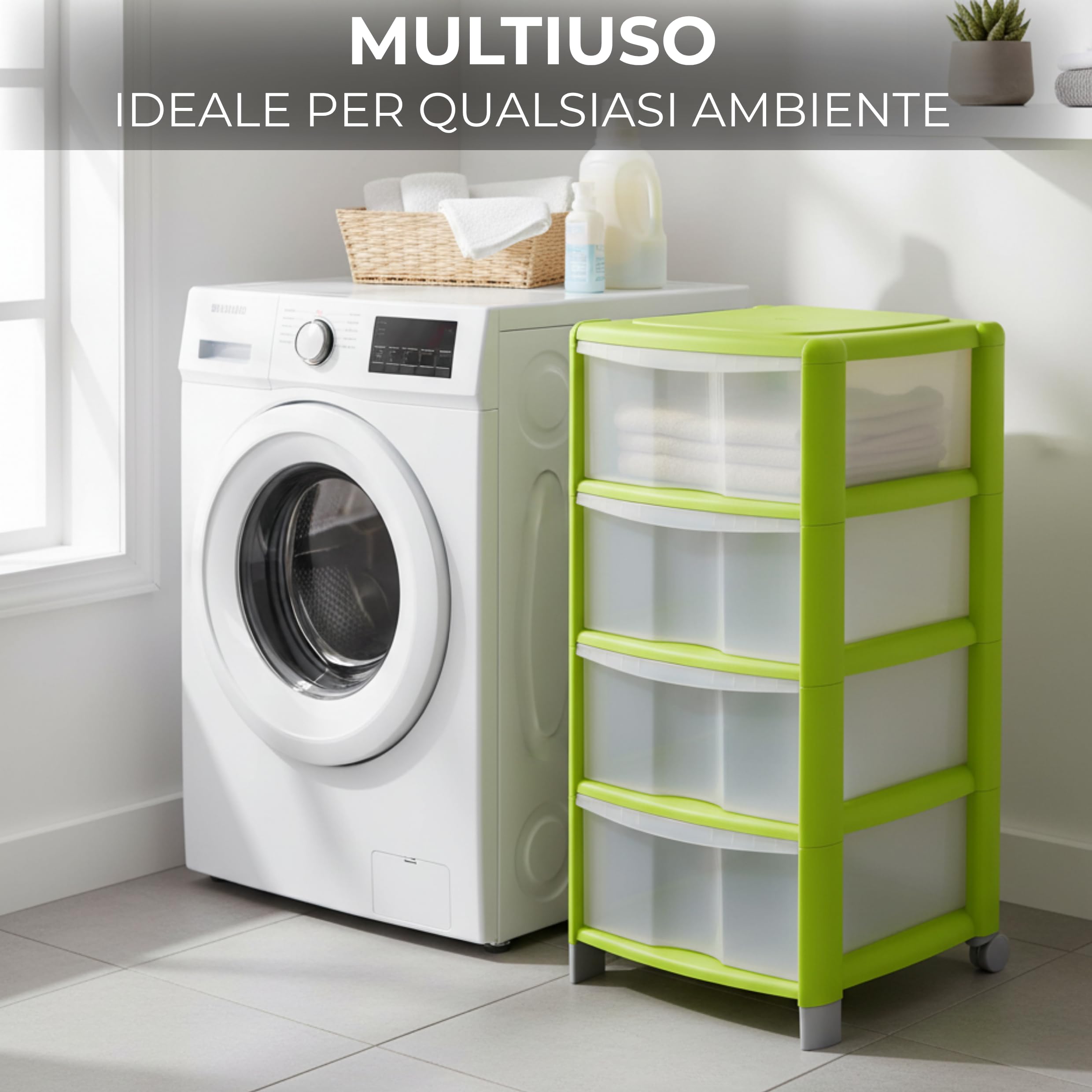 Cassettiera a 4 Cassetti Alta Design Moderno Multiuso con Piedini e Ruote Color Trasparente/Lime da Bagno,Ufficio,Camera,Ripostiglio 38,5x39,5xH86cm