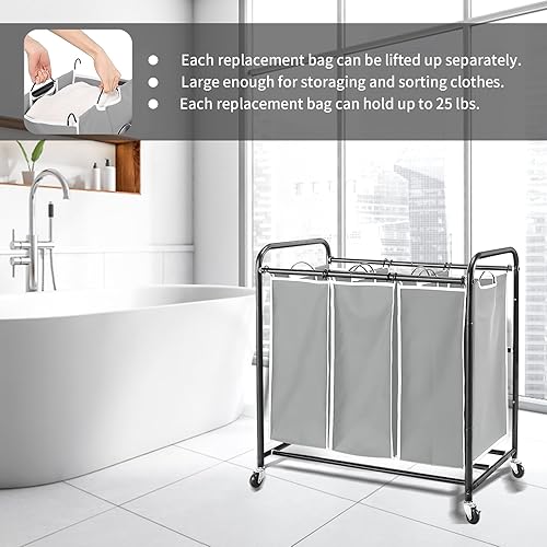 Miniatura 4 de Augot - Bolsas de repuesto de 3 secciones, cesta clasificadora de ropa sucia, bolsas de repuesto extraíbles para cesta de lavandería con ruedas,