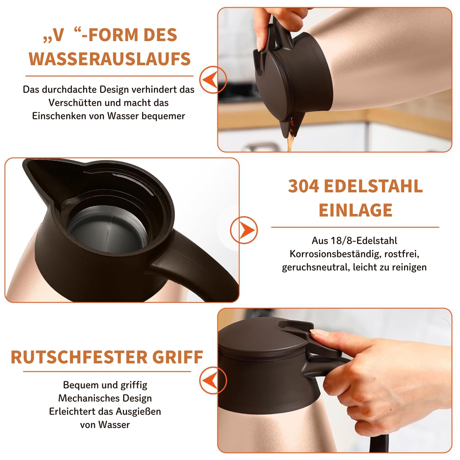 2 Stück Edelstahl Thermoskanne 2L Isolierkanne, Doppelwandige Vakuumkanne mit Griff, Isolierkannen für Heiß- & Kaltgetränke, Teekanne 36 Stunden Wärmedämmung, Kaffeekanne für Kaffee, Tee, Wasser