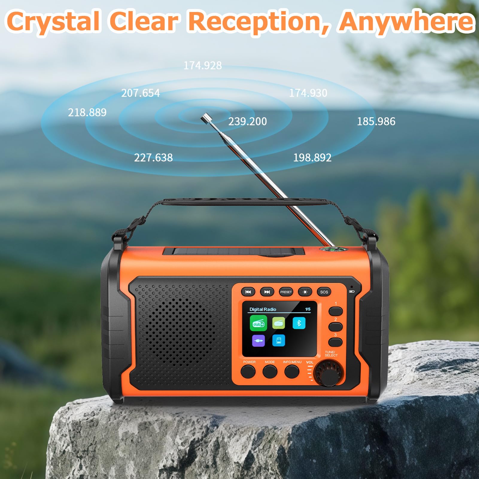 27000mAh DAB/DAB+ Notfallradio mit Kurbel, Solar & USB Laden, Bluetooth 5.3, Powerbank-Funktion, SOS Signal, Heller Taschenlampe, Leselampe, Kompass, TF-Karte und robustem Outdoor-Design, Orange