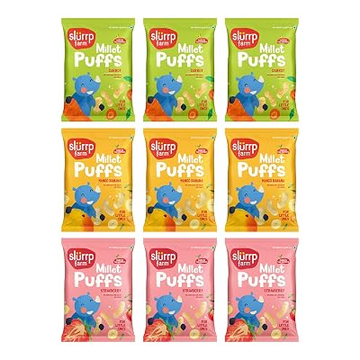 Slurrp Farm No Salt No Sugar Teething Puffs | Baked Fruit and Vegetable Millet Puffs | Carrot, Strawberry & Banana, Mang