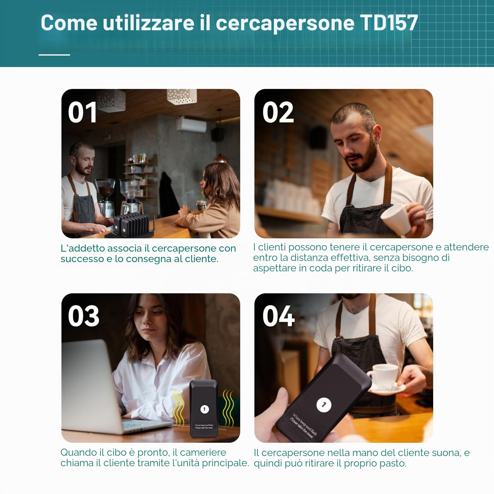 Retekess TD157 Cercapersone Ristorante, 500M Pager Ristorante, 16 Cercapersone, Batteria da 300 mAh, il Segnale Può Attraversare le Pareti, Facile da Configurare, Pager Clienti per Bar, Hotel, Negozio