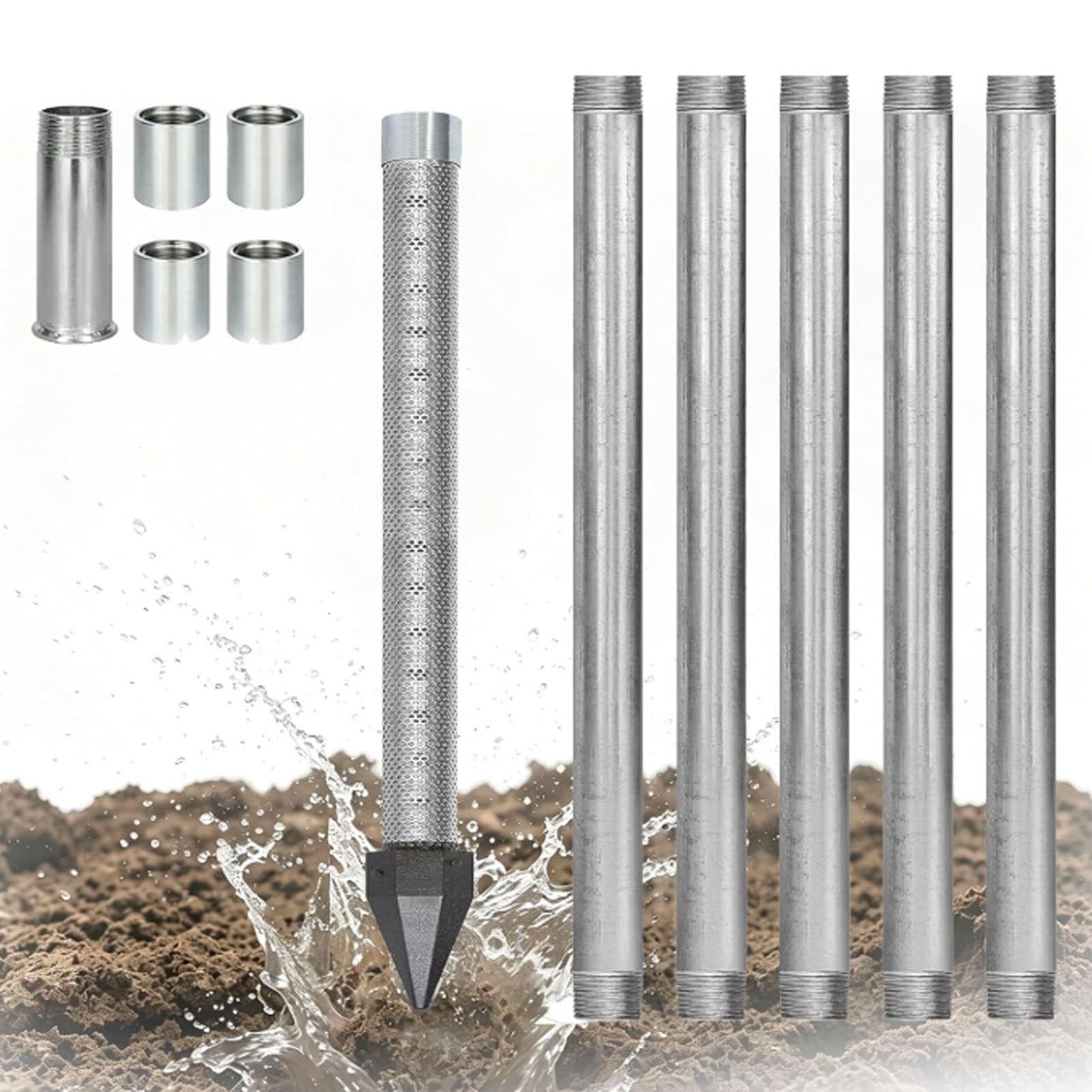 Cashwise Heavy Duty Sand Point Well Kit, 1-1/4" Stainless Steel Water Well Drilling kit, with 60 Gauge Mesh & Galvanized Pipes, for Soft Soil Sand Point Well and Rural Farmhouse Water Supply 5+1Kit
