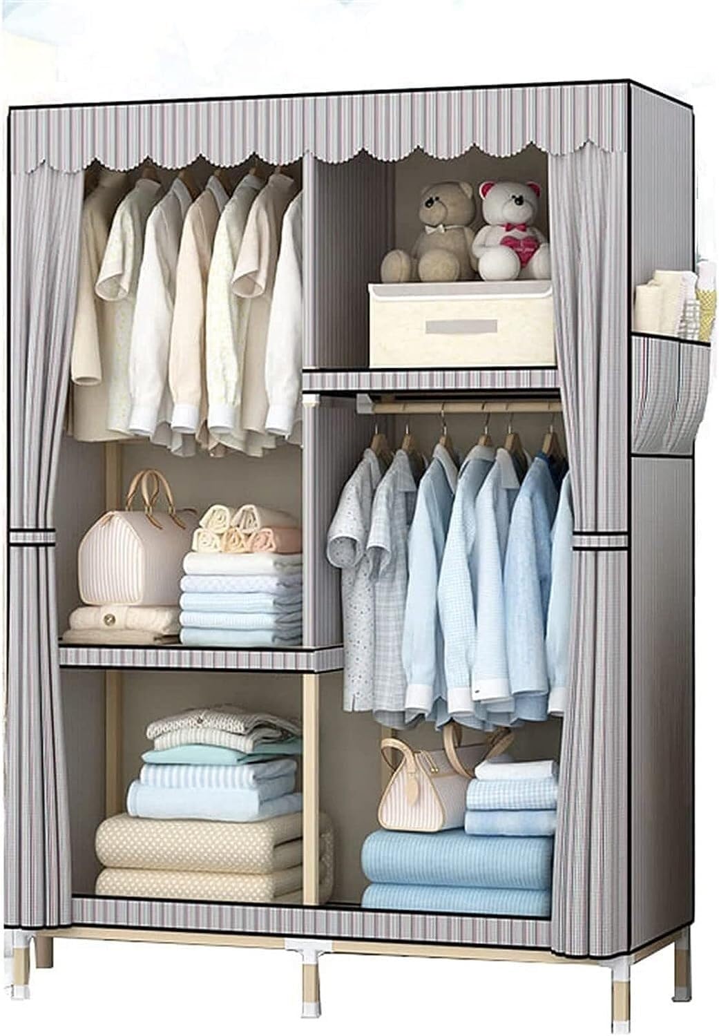 Armario portátil de tela y madera de 170 cm de alto organizador multifunción