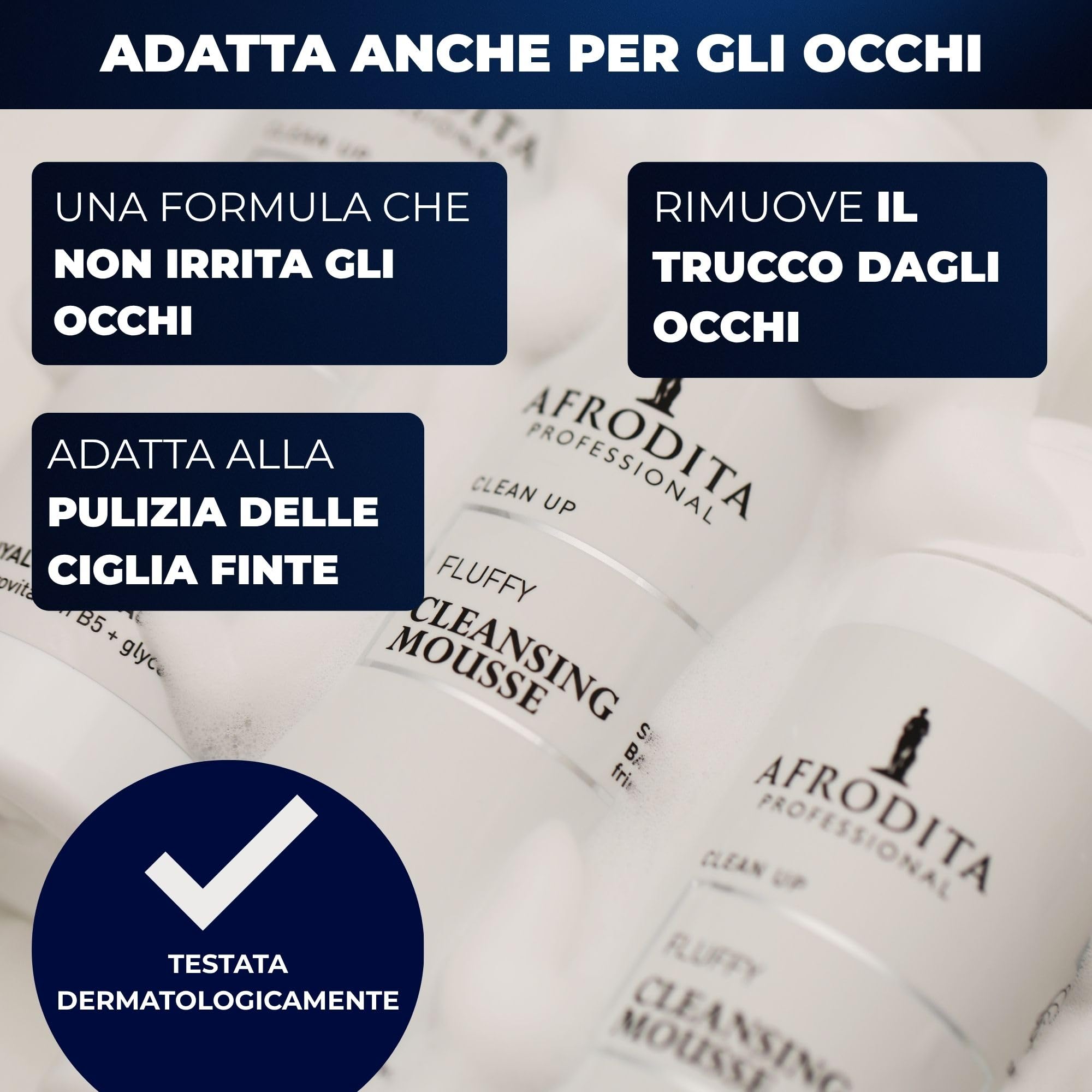 Afrodita Professional Clean Up Fluffy Cleansing Mousse detergente delicato viso pelle sensibile con acido ialuronico e provitamina B5, vegano, 200 ml