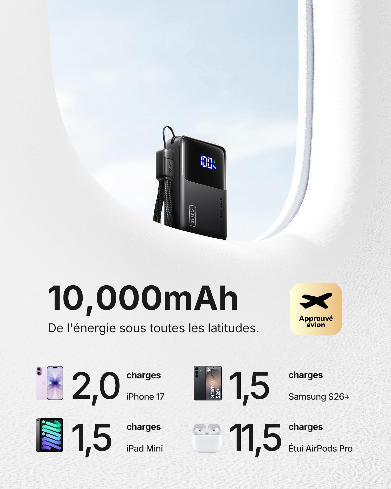 INIU Batterie Externe, Ultra Mini 45W Charge Rapide 10000mAh Power Bank avec Câble USBC Amovible, Autorisé en Avion, Essentiels de Voyage, Powerbank pour iPhone 17 16 Pro, Samsung, iPad, Xiaomi etc