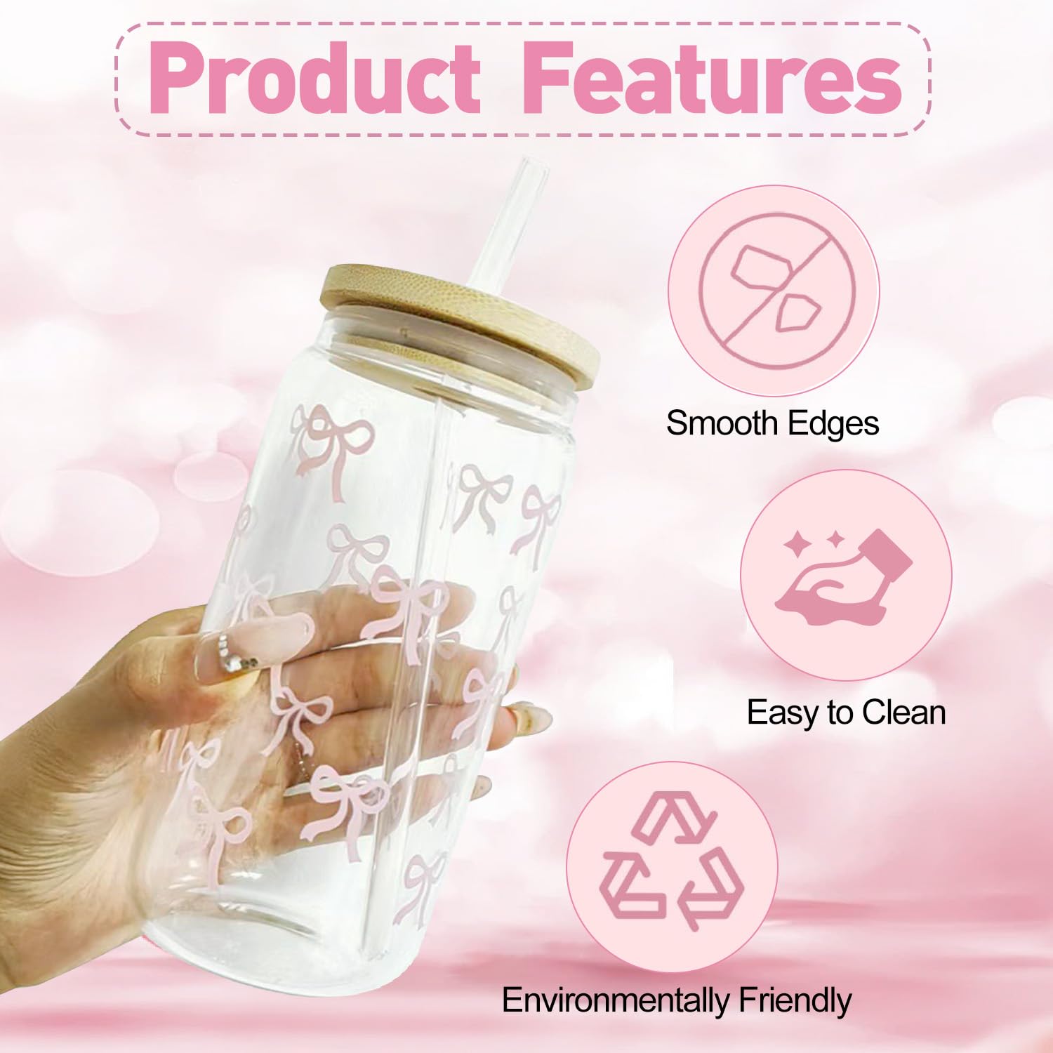 Matcha Cup 500ml Pink Bow Tumbler With Straw And Lid Aesthetic Glass ...