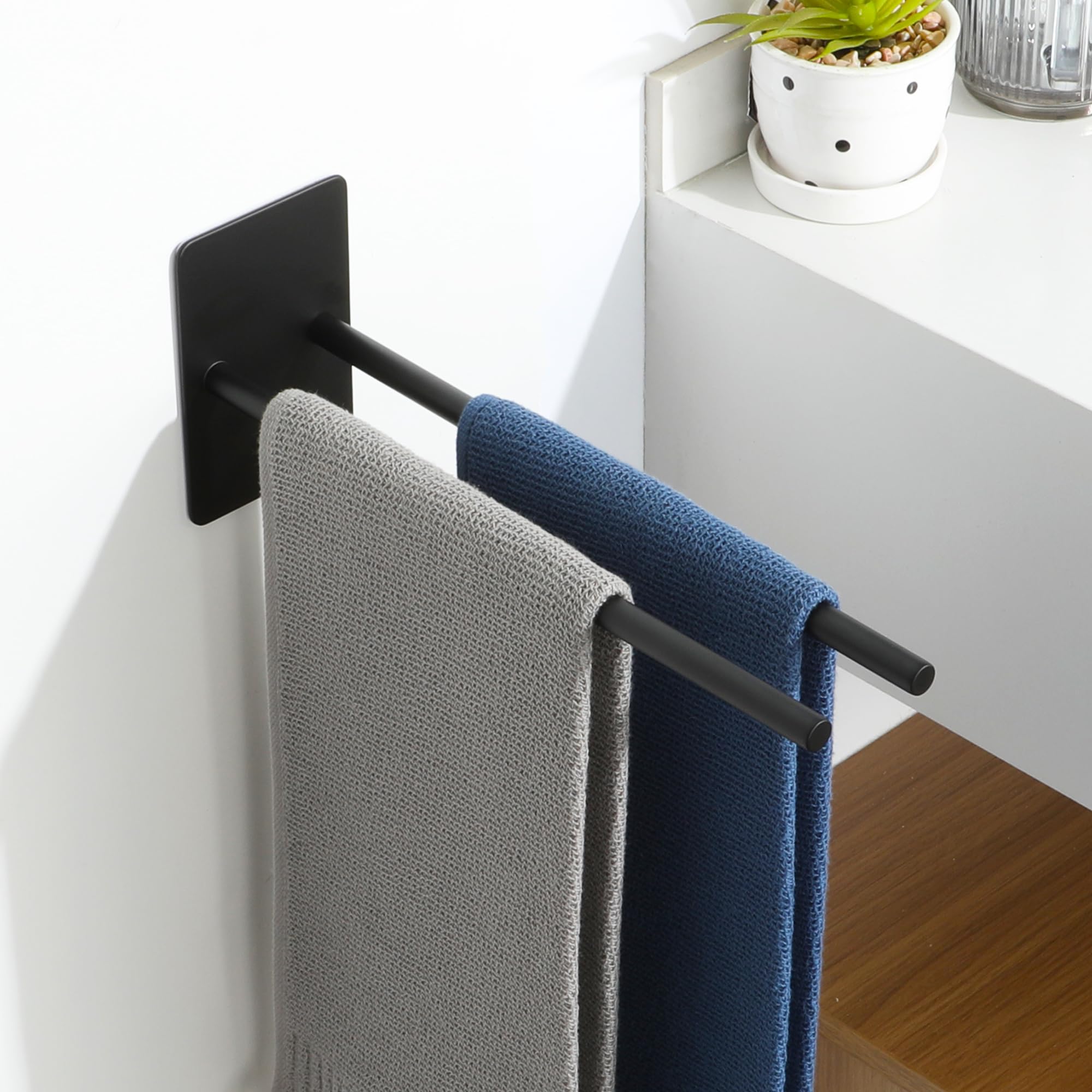 SAYAYO Toallero de Baño Sin Taladro Negro Toallero Adhesivo Doble Barra Sin Taladro Colgador Trapos Cocina Acero Inoxidable Toallero Negro para Baño y Cocina 30CM