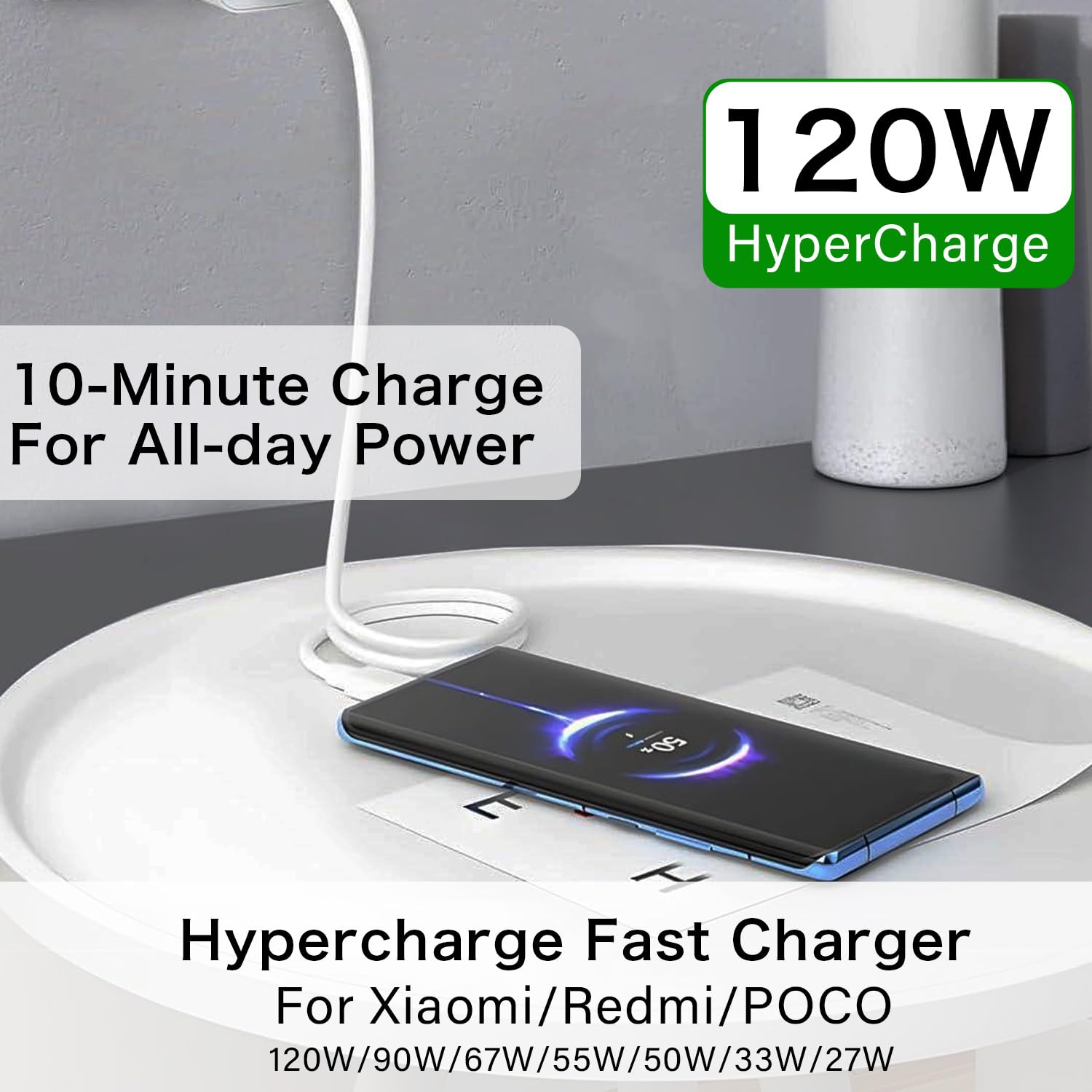 Szybka ładowarka Hypercharge 120W+kabel 1m do Xiaomi 15 Mix Flip Mi Turbo Adapter dla Redmi Note 14 13 Gniazdko ścienne do POCO USB C Tablet Laptop Telefon Ładowarka podróżna UE
