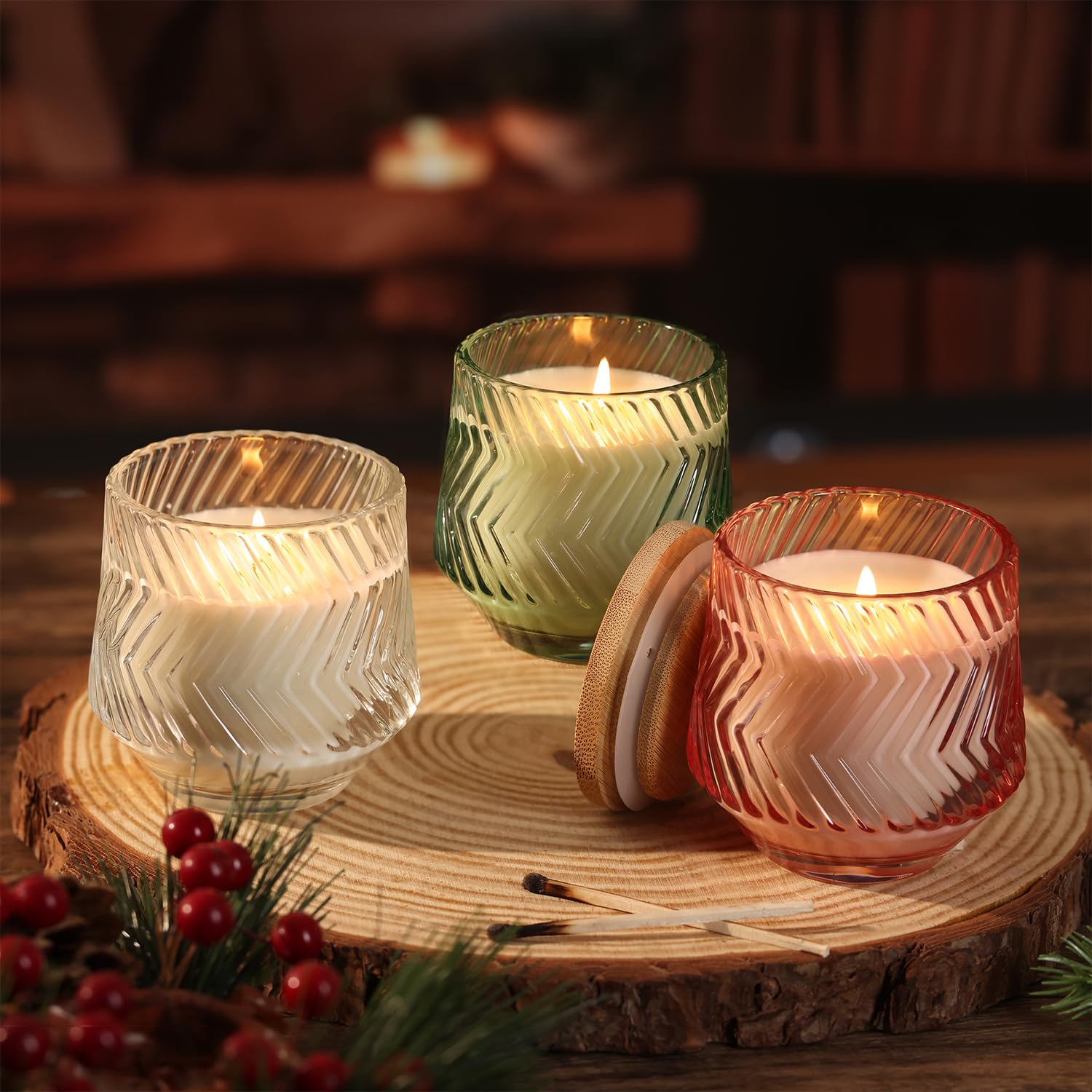 LAMORGIFT 8 barattoli per candele verde chiaro da 198,4 g, per realizzare candele, barattoli di vetro unici a coste, barattoli di vetro con coperchio in bambù ed etichette per la produzione di candele