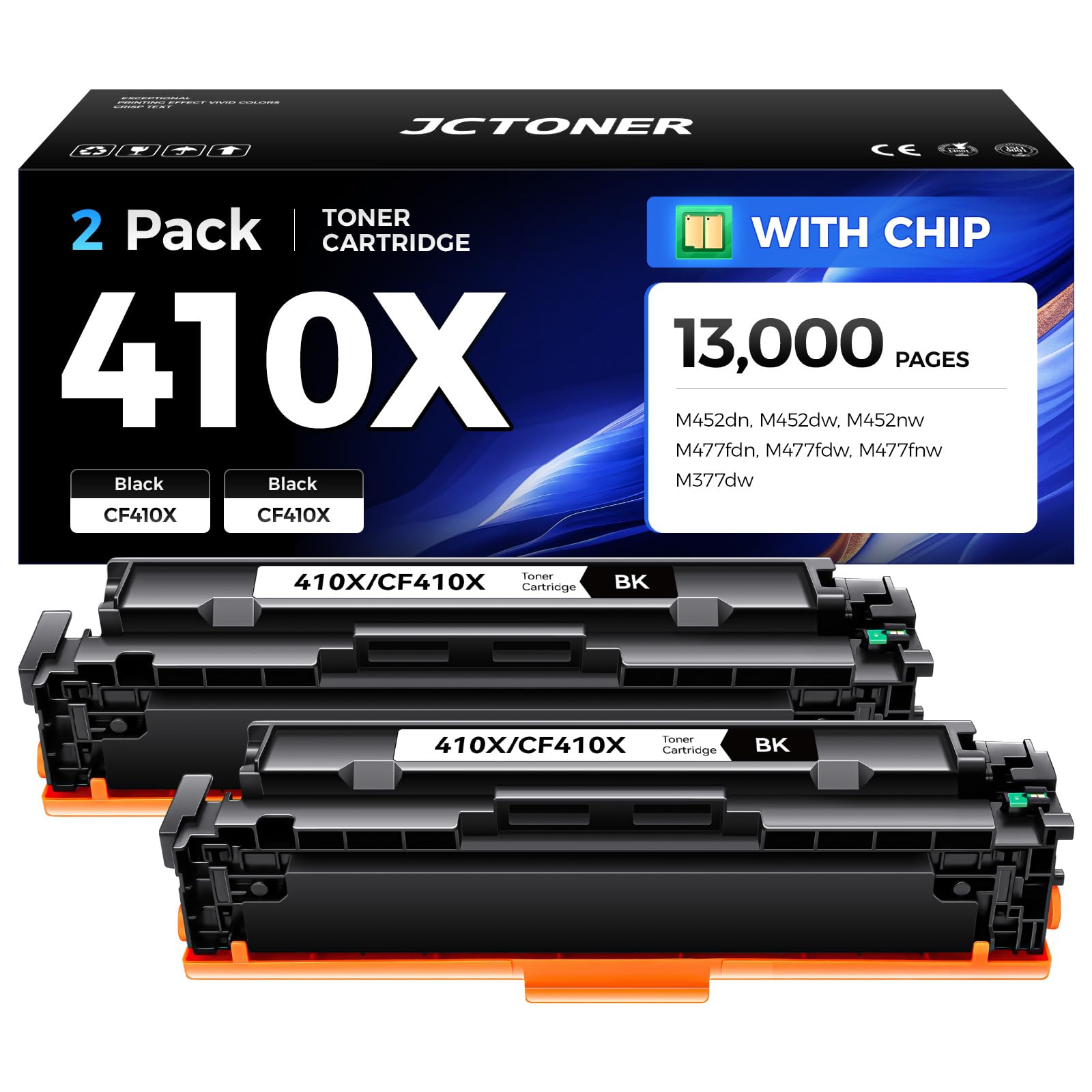 - 410X Black Toner Cartridge 2-Pack High Yield Replacement for HP 410X CF410X 410A CF410A Compatible with HP Color LaserJet Pro MFP M477fdn M477fdw M477fnw M452dn M452dw M452nw M377dw Laser Printer Ink