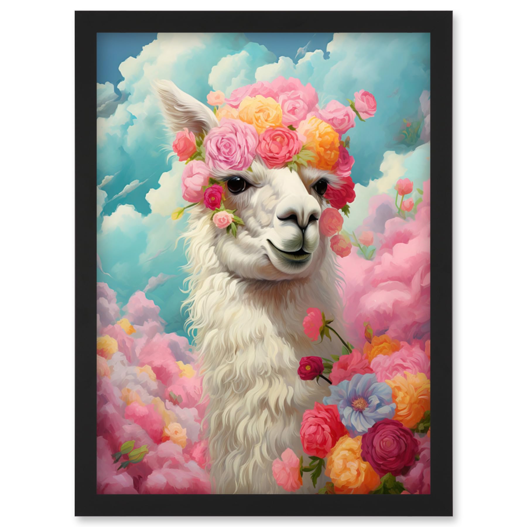 Artery8 Head in the Clouds Conceptual Artwork Fabulous Carefree Llama with Rose Flower Headband Kids Room Artwork Framed Wall Art Print A4