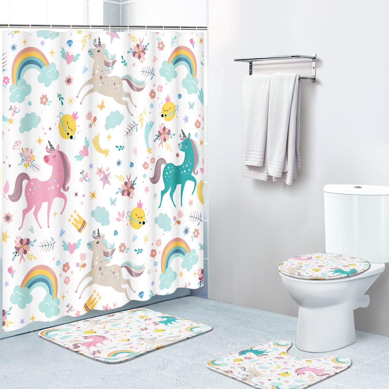 Britimes 4 Piece Shower Curtain Sets, with 12 Hooks, Unicorns Animal with Non-Slip Rugs, Toilet Lid Cover and Bath Mat for Bathroom Decor Set, 72" x 72"