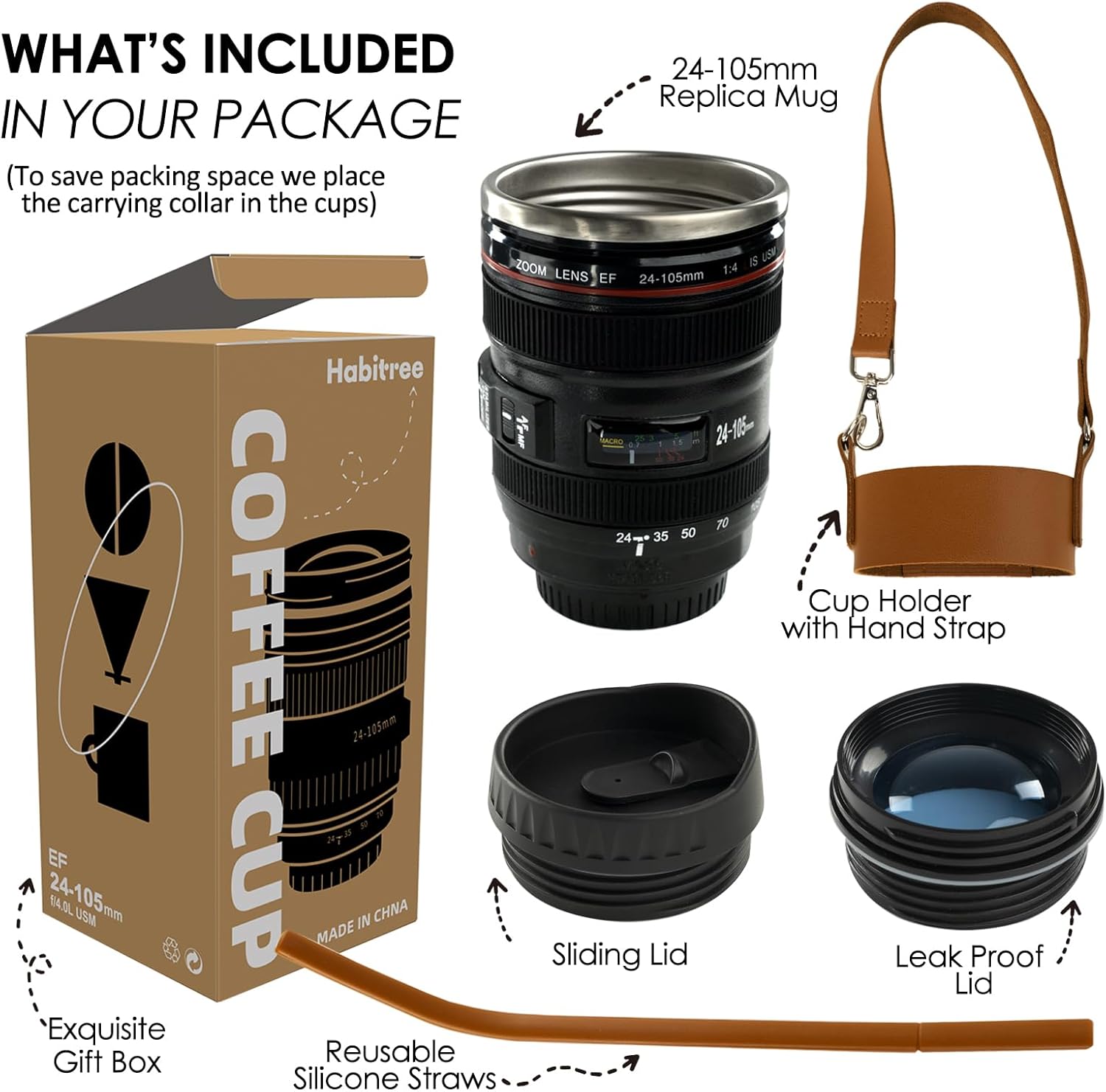 Coffee Mug- Ideal for Photographers&Travelers - Day Gifts,2 Lids,Cup Holder,Silicone Straw- Stainless Steel Lens Mug Thermos-Gift for Him, Photography, Camera accessories, Novelty Gifts - Image 2