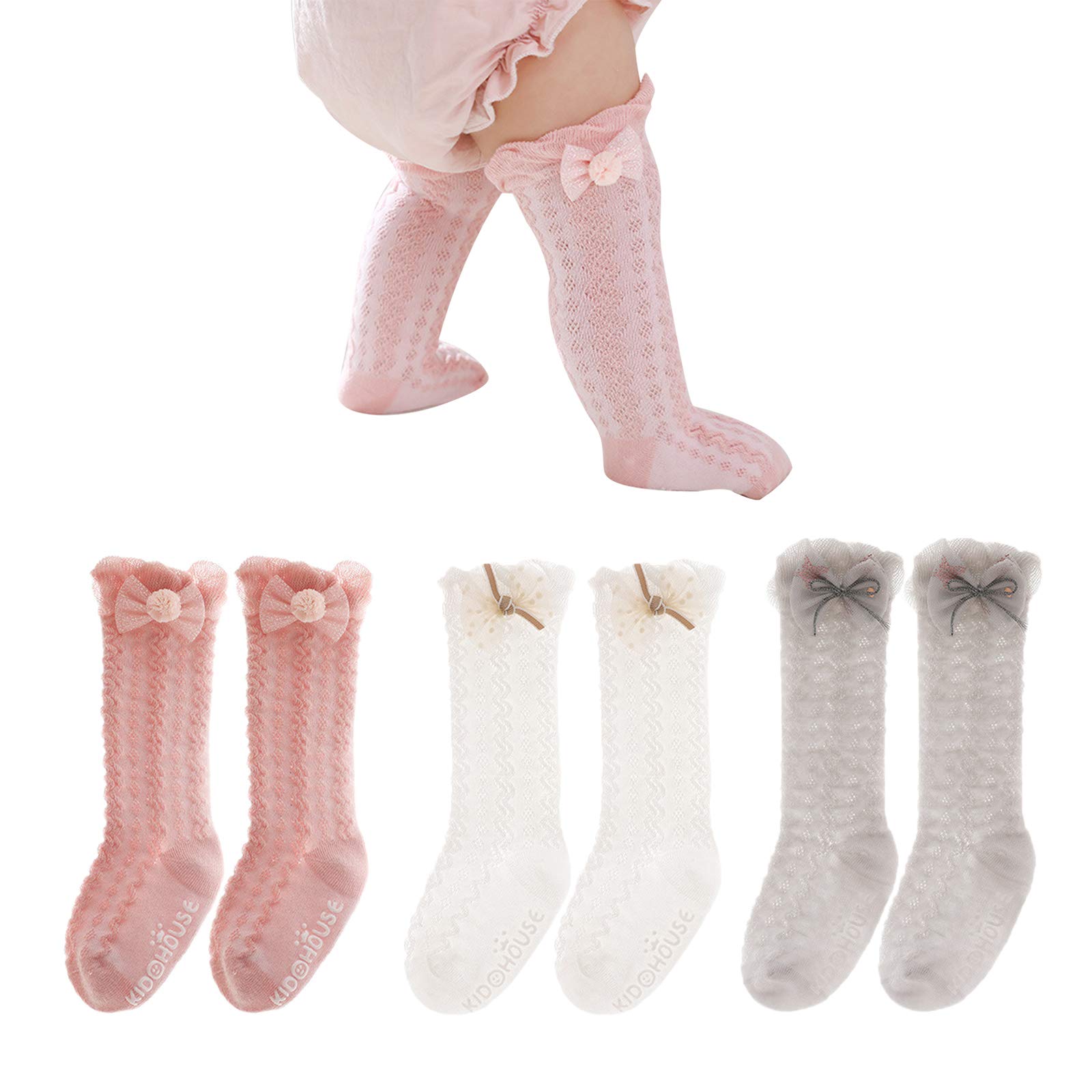 Apone Fatu Baby Knee High Socks Non Slip Grip Ankle Socks Ruffled Long Stockings for Infants Toddlers Kids Boys Girls (as1, age, 0_month, 6_months, Pink/White/Gray)