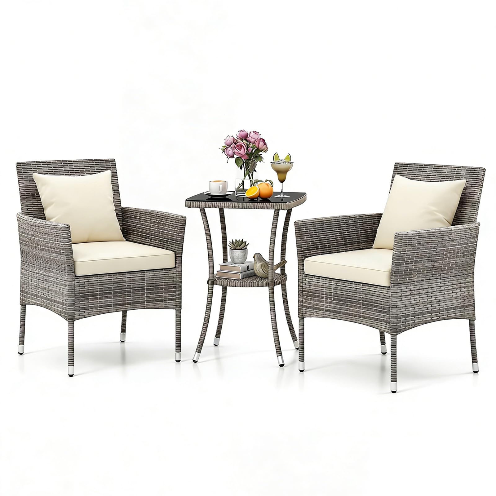GIANTEX Set Mobili da Balcone 3 Pezzi, Tavolo e 2 Sedie in Rattan con Cuscini