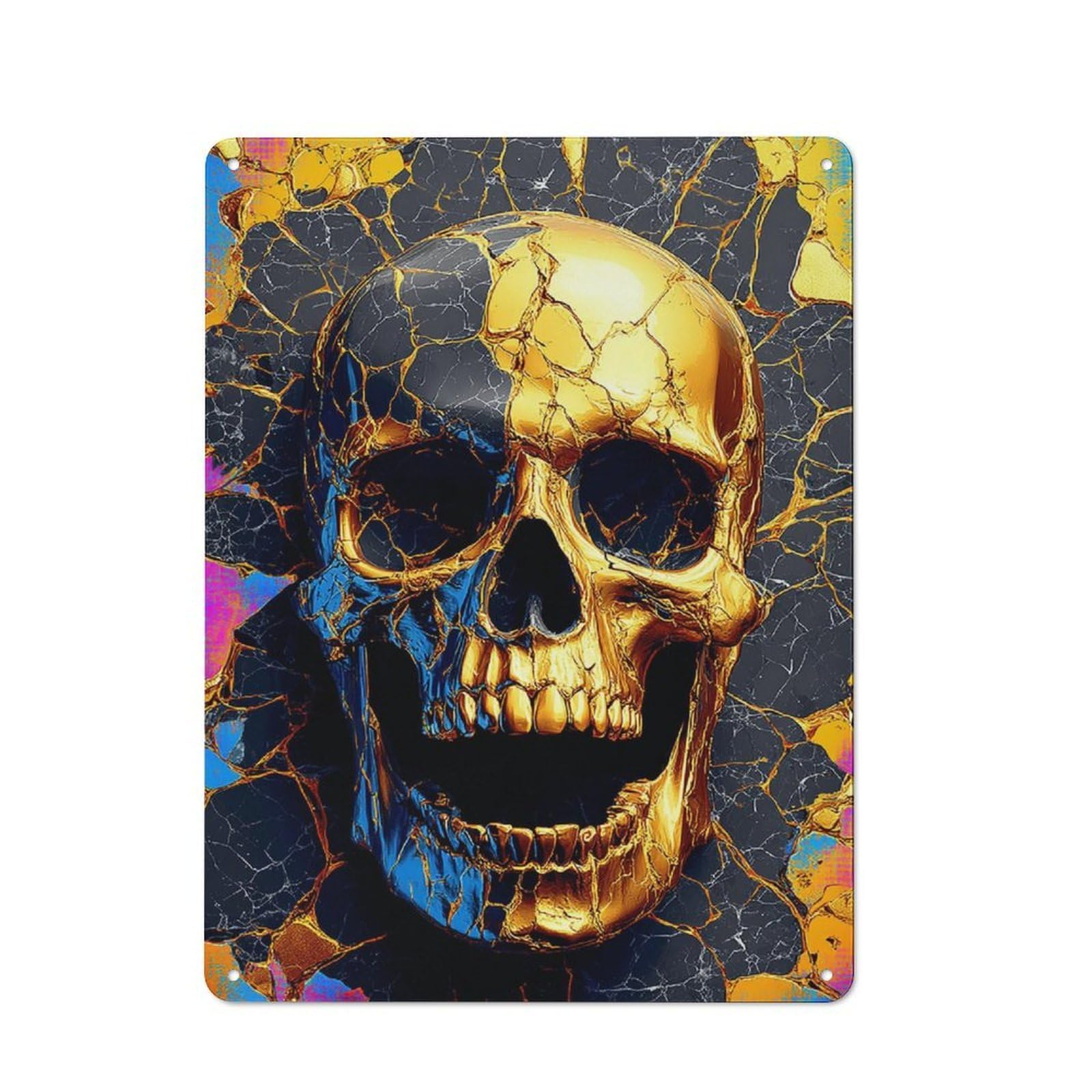 Junmoney Golden Skull Marble Texture Retro Metal Plaque 40X30cm Featuring Bistro Wall Plaque For Bakery, Diner, Cafe Or Family Room