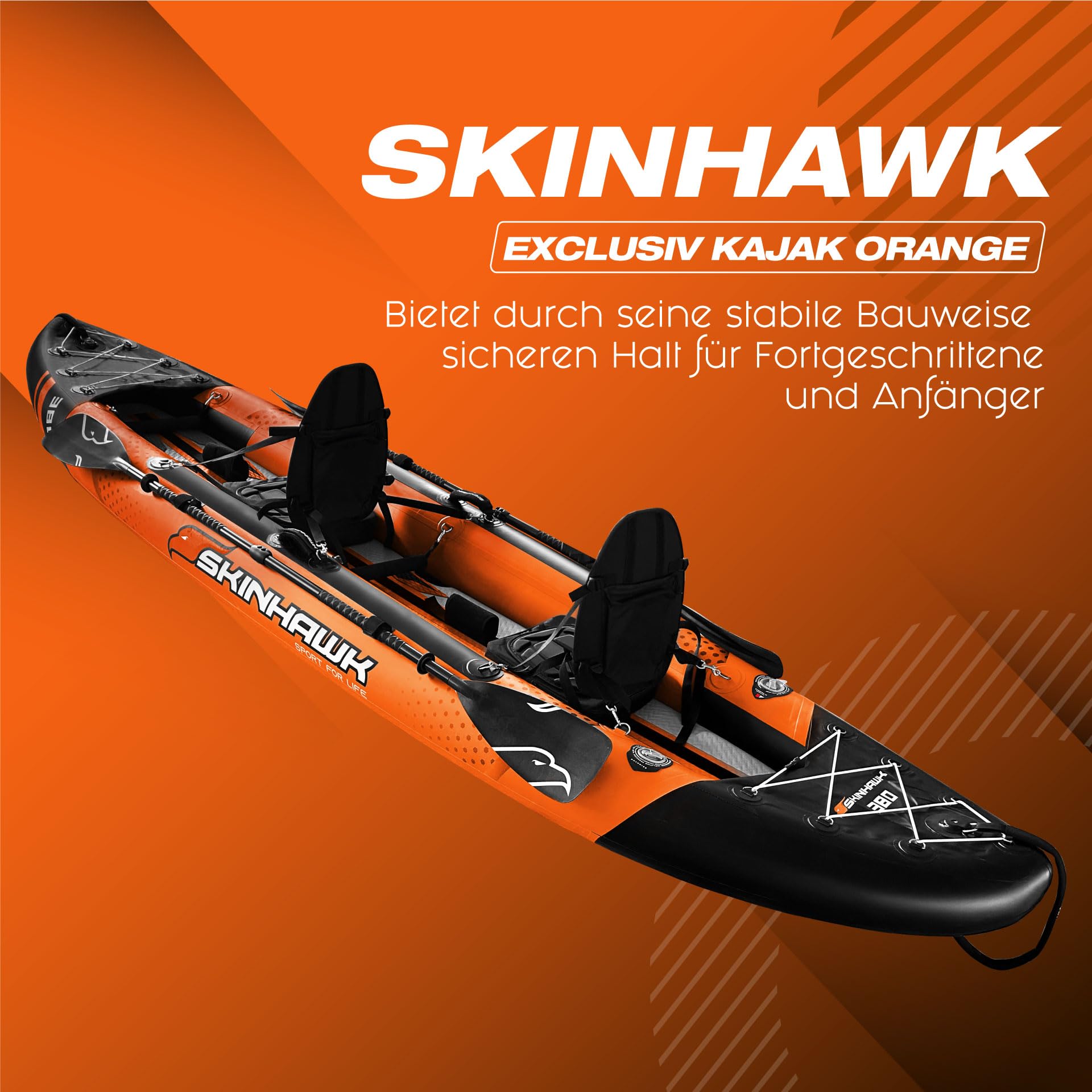 SKINHAWK Exclusiv Orange Kajak Set 380 – Schlauchboot – Kanu - 380 x 96 cm - 2 Personen Kajak