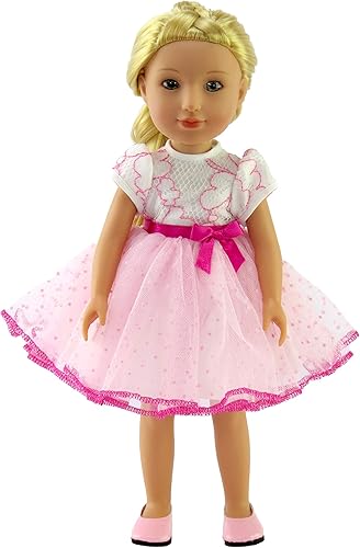 Miniatura 8 de American Fashion World Vestido de lunares de encaje blanco y amarillo para muñecas de 18 pulgadas  Calidad premium y diseño moderno  Ropa de muñecas