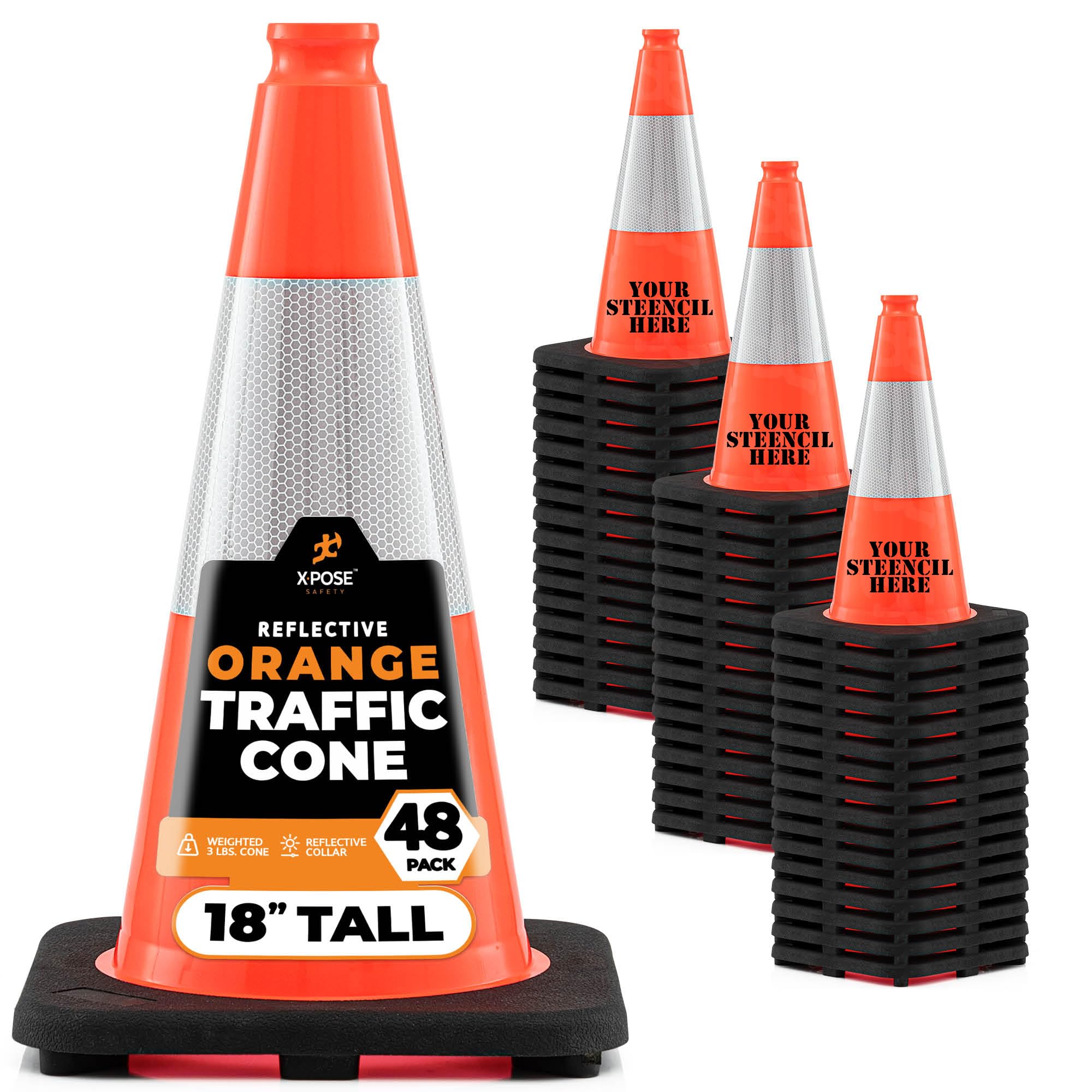 Xpose Safety 18" Orange Traffic Cones with 6" Collar - 48 Pack Multipurpose PVC Plastic Safety Cone for Parking, Soccer, Caution, Kids and