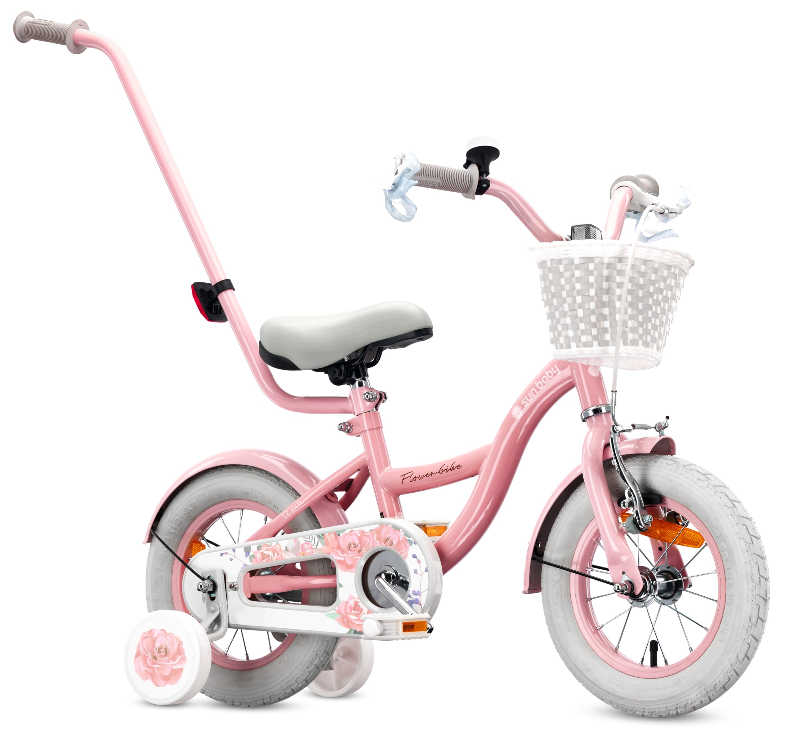 sun baby Flower Bike Vélo Enfant Fille 12/14/16 Pouces, avec Petites Roues, Barre de Poussée, Panier, Sonnette, Frein V-Brake