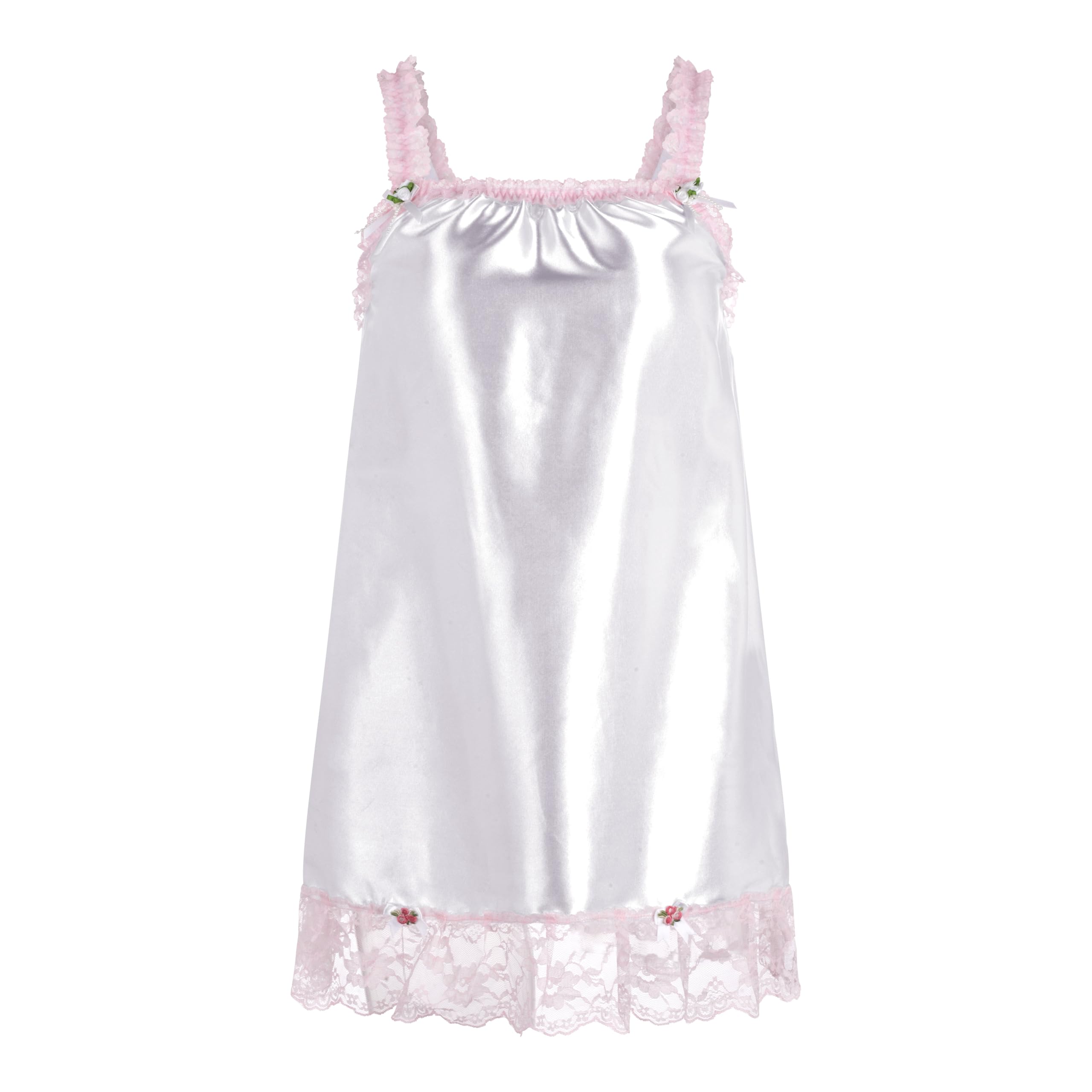 Satini Nuisette Satin Dentelle Volants Fleurs Sissy | Bande Élastique Poitrine, Fines Bretelles, Roses Décoratives, Tenue de Nuit, Travestissement, Tailles S-XXL