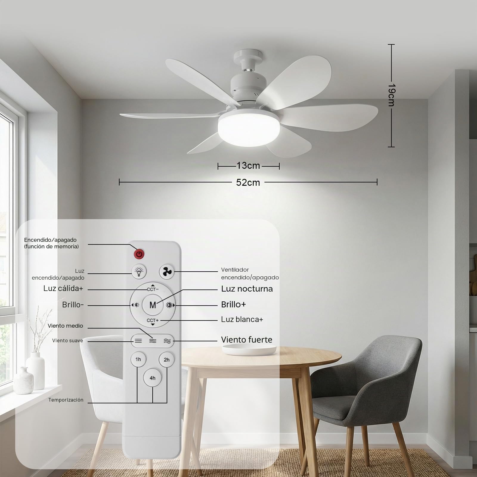 Ventilador de Techo con Luz, Ventilador con Luz LED con Control Remoto, 3 Velocidades, 3 Temperaturas de Luz, Brillo Ajustable, Motor DC，Temporizador, Función de Memoria