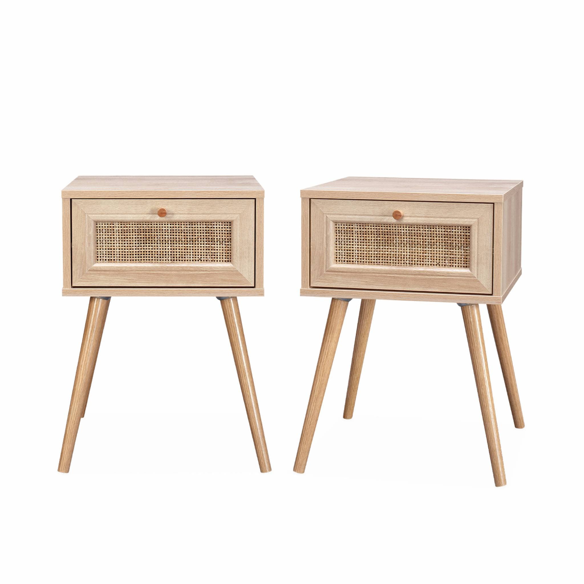 Alice's Home - Lot de 2 Tables de Chevet décor Bois & cannage avec 1 tiroir - Bohème