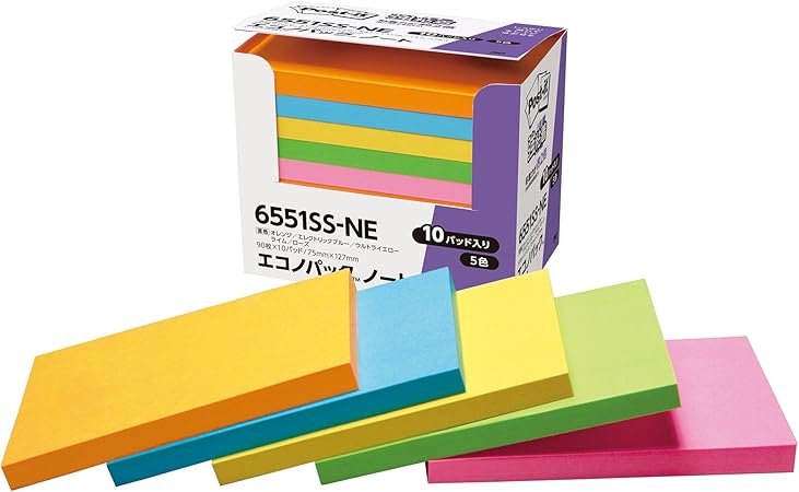 Amazon ポストイット 付箋 強粘着 ノート ネオンカラー 75 127mm 90枚 10冊 6551ss Ne 付箋 文房具 オフィス用品