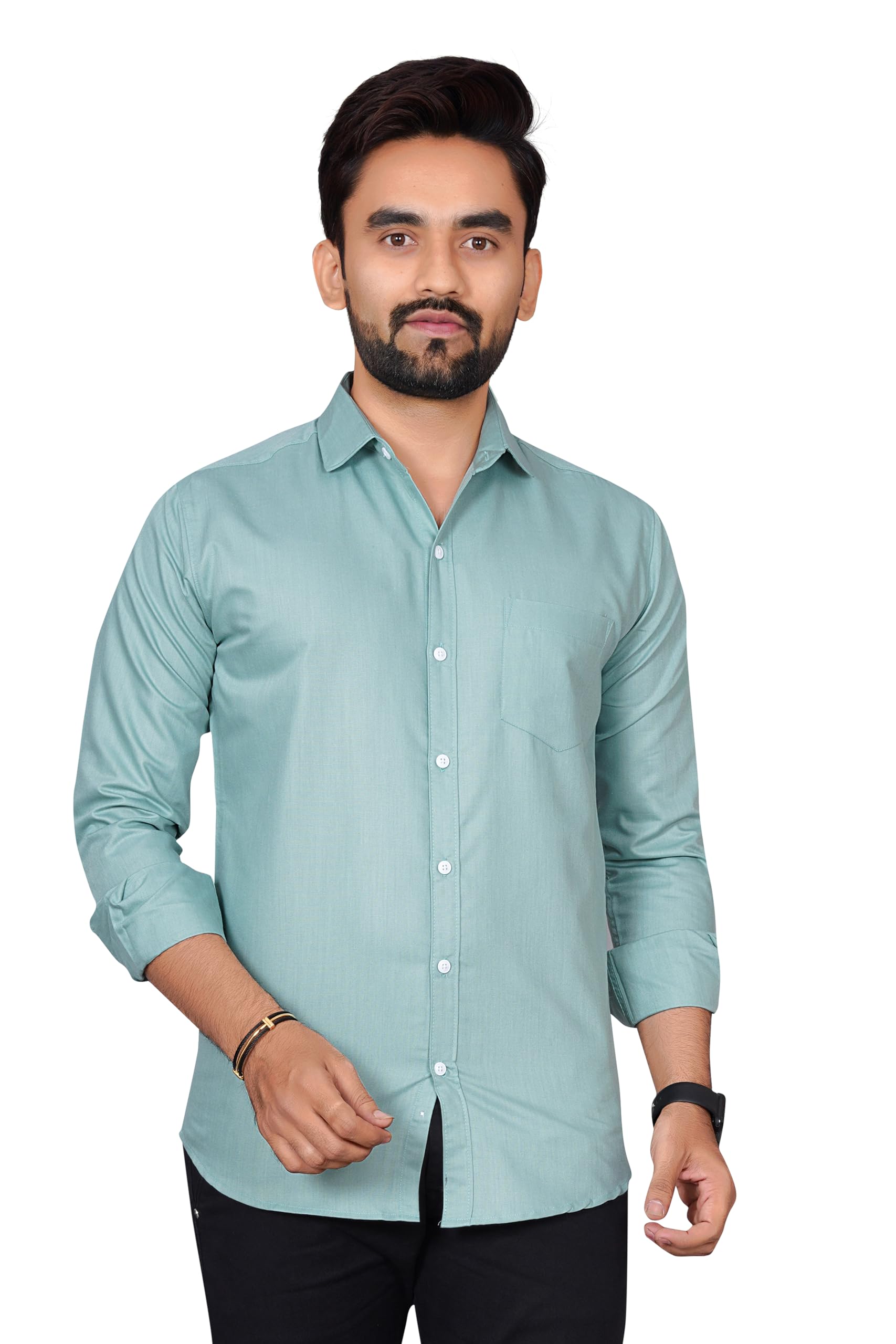 BesixMen's Cotton Blend Solid Shirt with Spread Collared Full Sleeve Button Closure Curved Hem Straight Length and One Pocket