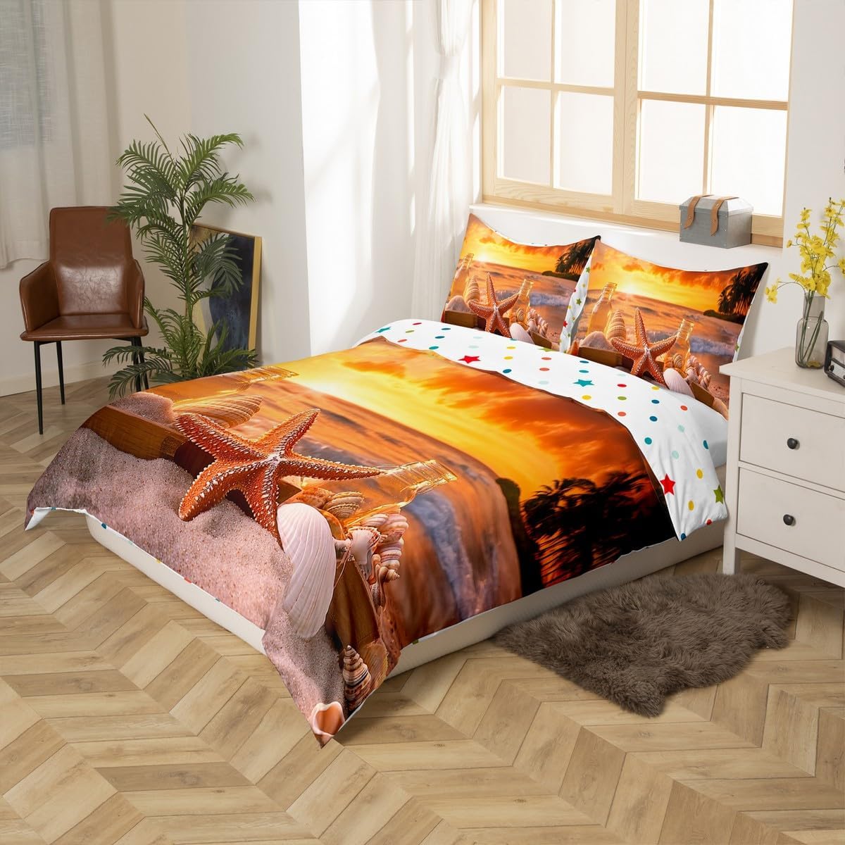 Starfish Bedding Set Boys Ocean Theme Duvet Cover Twin Size, Shell Conch Beach Comforter Cover Seaside Hawaiian Vacation Style Bedspread Cover 2 Pcs Soft Microfiber Bedding with 1 Pillowcase