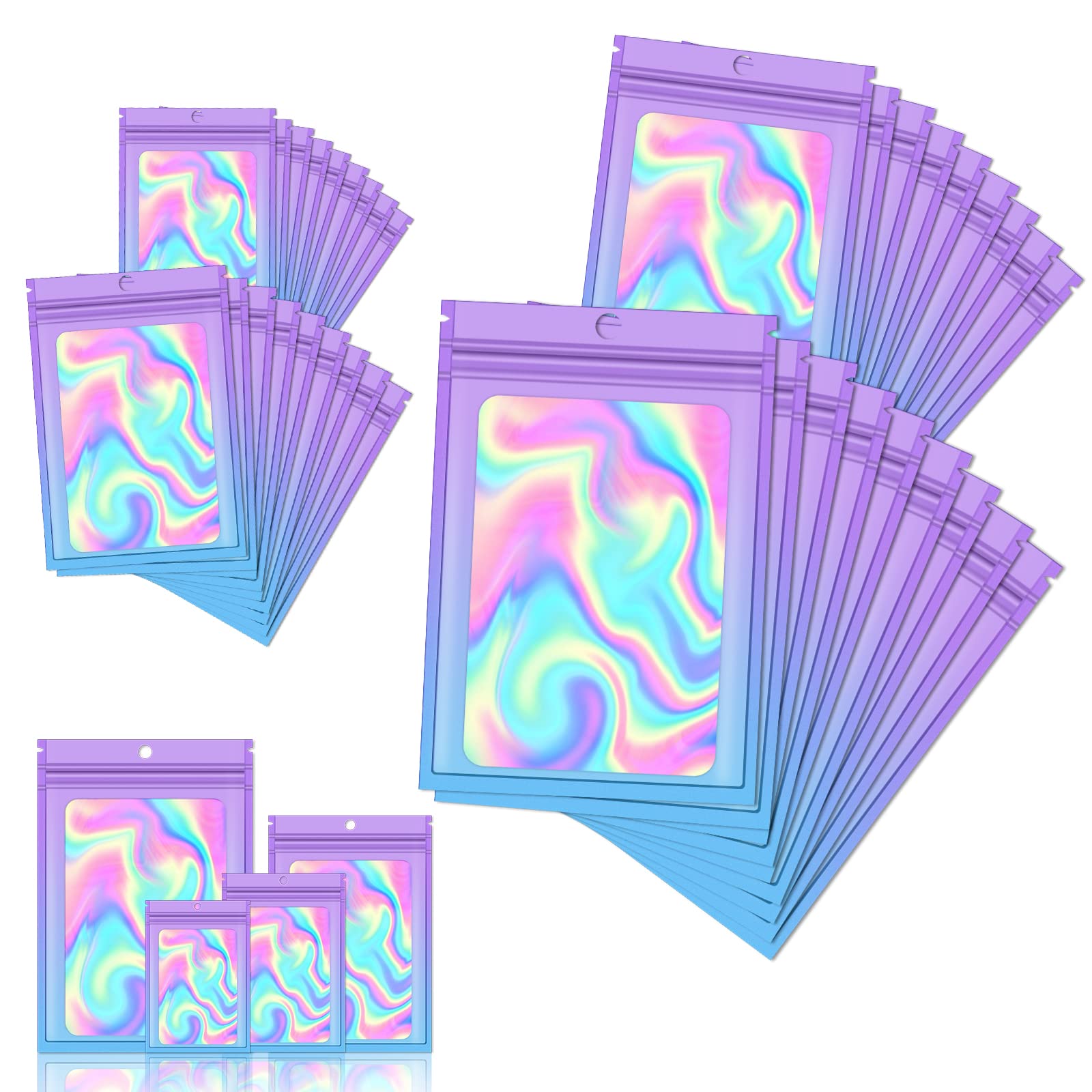 120 PCS Smell Proof Mylar Bags Resealable Odor Proof Bags Holographic Packaging Pouch Bag with Clear Window for Food Storage Jewelry Candy Electronics