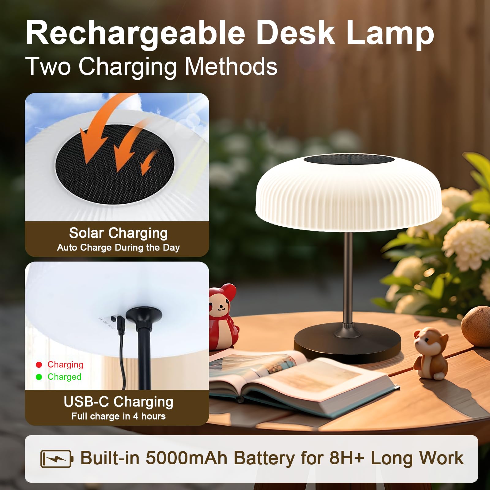 Auting Lámpara de mesa LED, IP44, lámpara de mesa solar para exteriores con regulador táctil y batería, cable de carga USB-C, lámpara de noche, lámpara de lectura, lámpara LED, elegante para