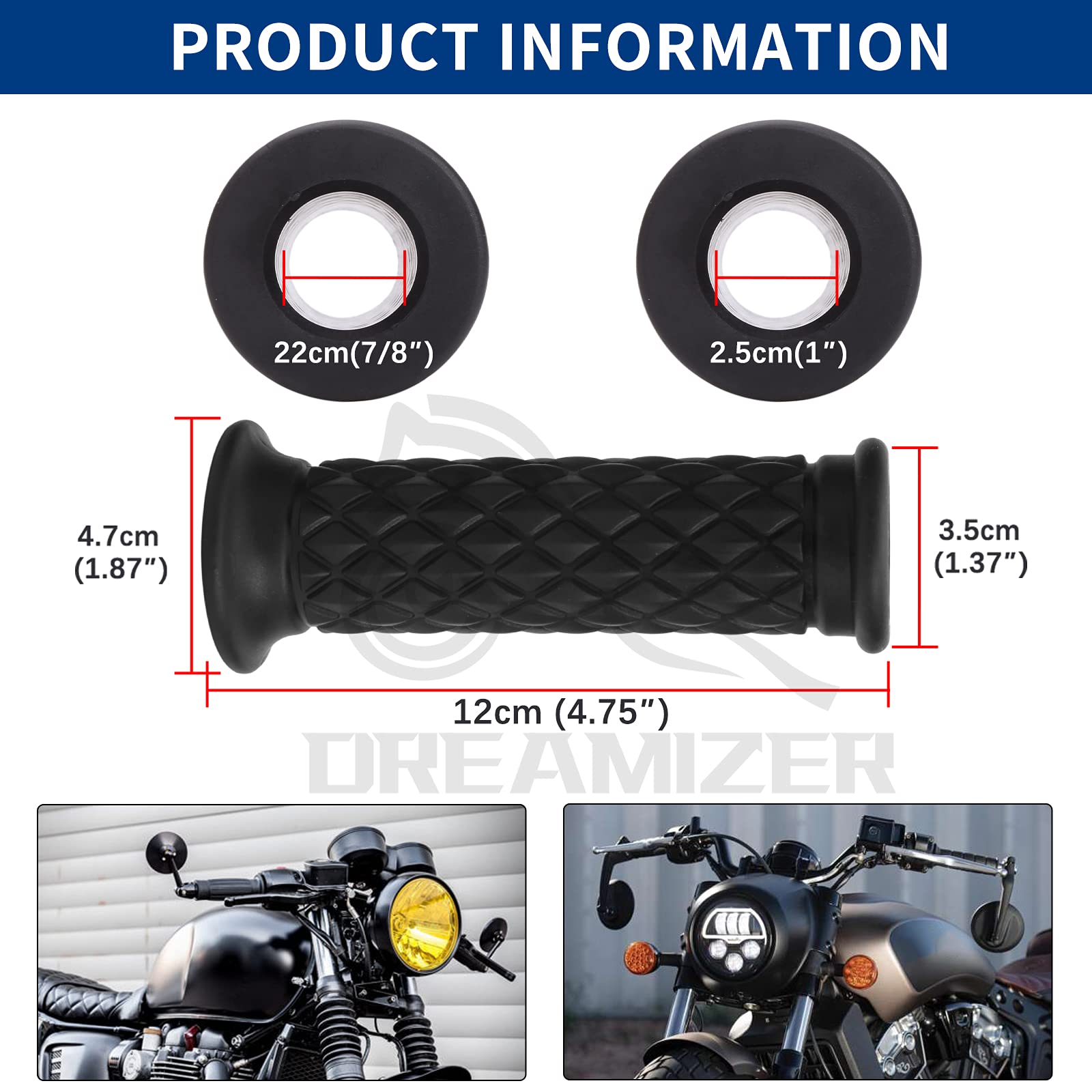DREAMIZER 7/8" 22mm Manopole Manubrio per Moto, Universale Retrò Manopole per Manubrio Antiscivolo in gomma per Custom Moto Cafe Racer Bobber Dirt Bike Motocross