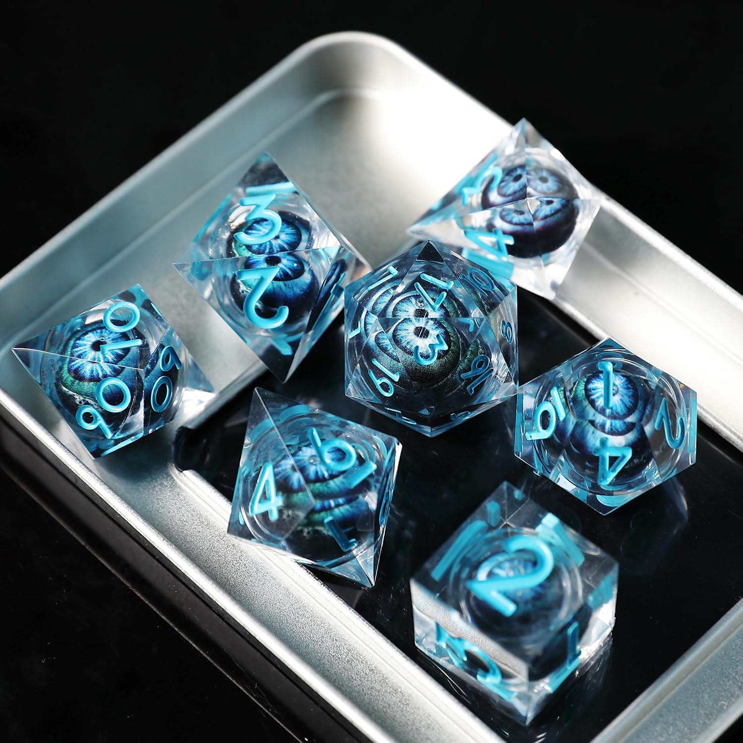 DND Dice Set Floating Pupil Skull Eyeball 7 Piece Handmade Polyhedral D&D Resin Sharp Edge Dice for Dungeons and Dragons RPG Role Playing Antique Halloween Dice with Gift Box - Image 4