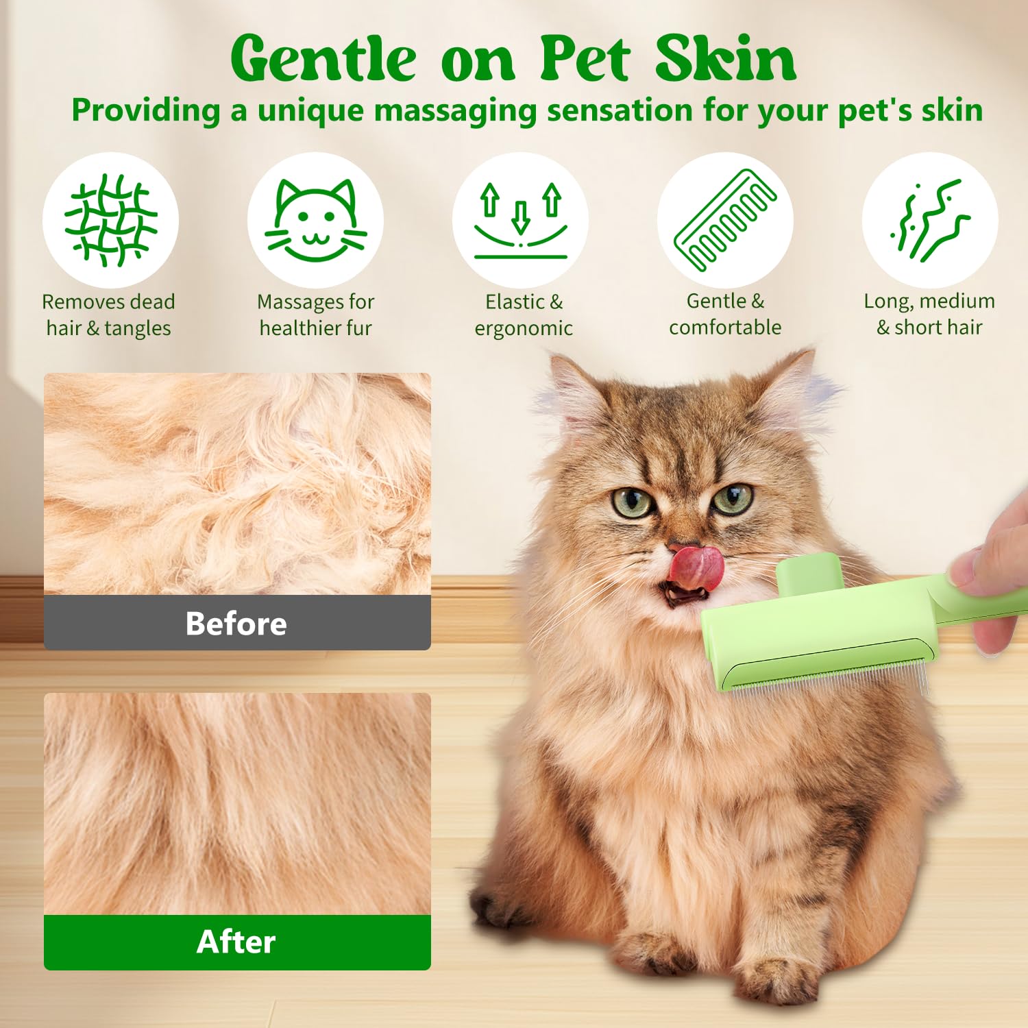 Peine para eliminar el pelo de mascotas, cepillo de aseo para gatos con botón de liberación, para masajear y limpiar el pelo de las mascotas, cepillo para gatos de pelo corto y largo (azul + verde)