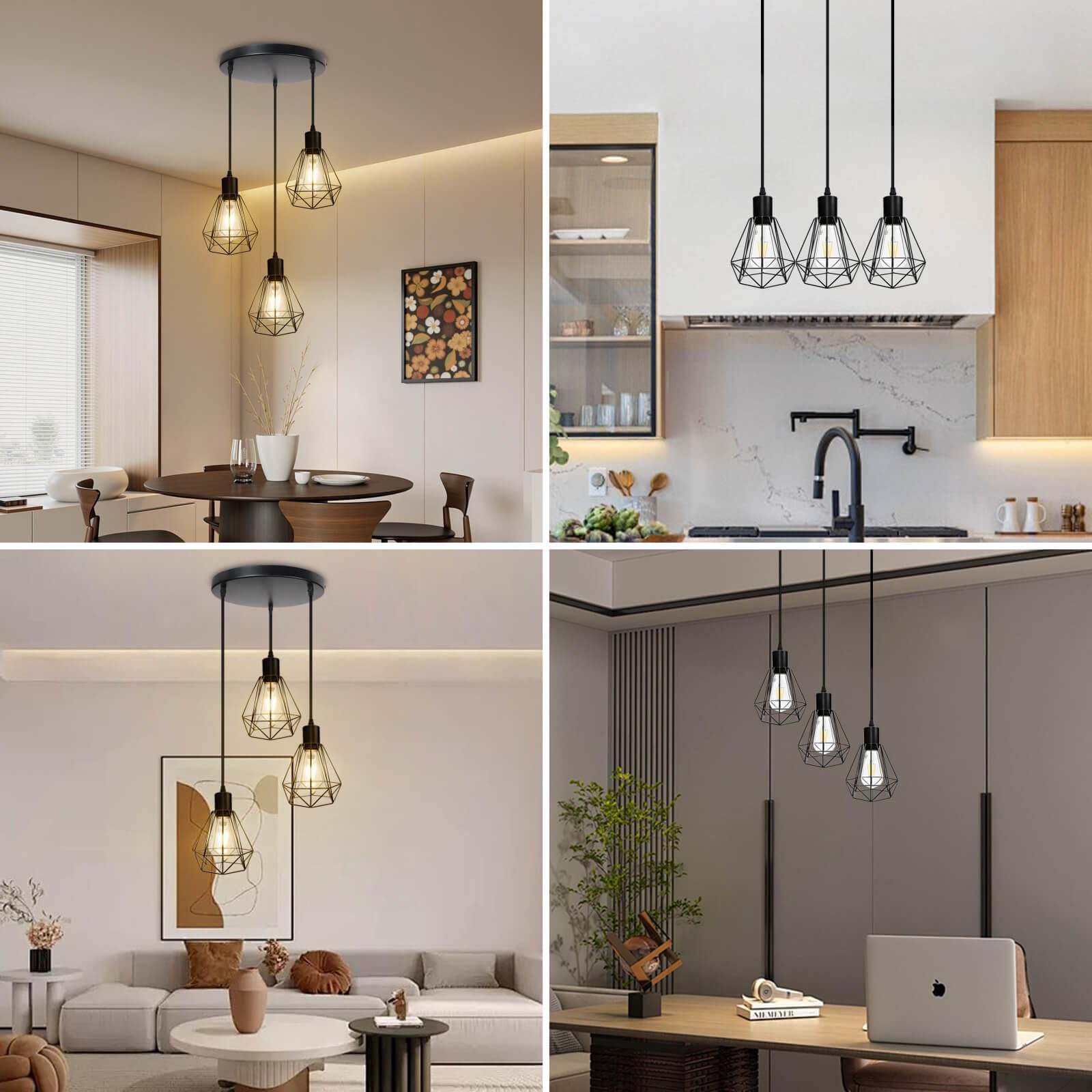 HiBay Hängelampe Esstisch E27 Pendelleuchte Vintage Küchenlampe Hängend 3 Flammig Esszimmerlampe Schwarz Hängeleuchte für Flur Wohnzimmer Schlafzimmer Max. 60W Ohne Leuchtmittel