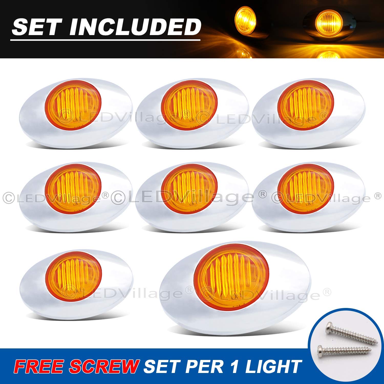Ledvillage [Pack of 8 3 Inch Oval Amber LED Sealed Clearance Lamps 3-3528 SMD Side Marker Panel Light Waterproof Trailer RV Boat Bus Pickup Flatbed Heavy Duty Truck 12V DC Chrome Bezel Q0