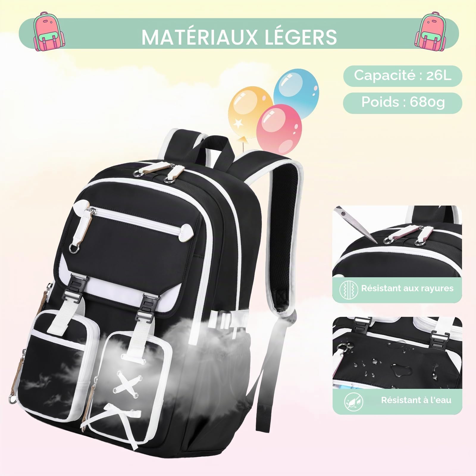Tanou Cartable Fille Primaire Sac a Dos College, 3 Pièces Sac d'école Décontracté pour Filles avec Sac repas et Trousses, Élégants Cartable Adolescente Casual Daypack