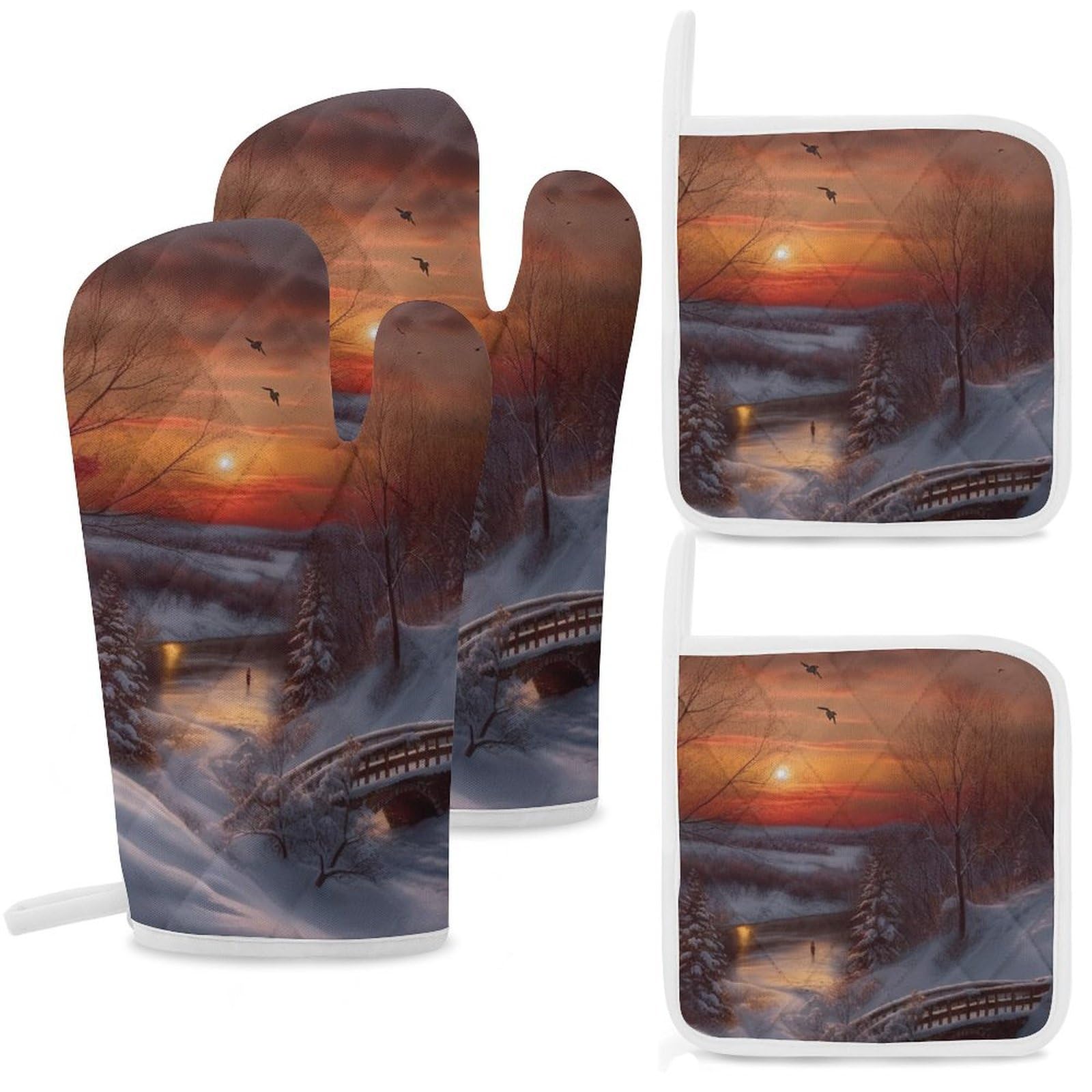 Oven Mitts and Pot Holders Set of 4 Heat Resistant Non-Slip Kitchen Gloves Hot Pads Winter Sunset Mittens Gloves Non-Slip Potholders for Cooking Baking Grilling BBQ