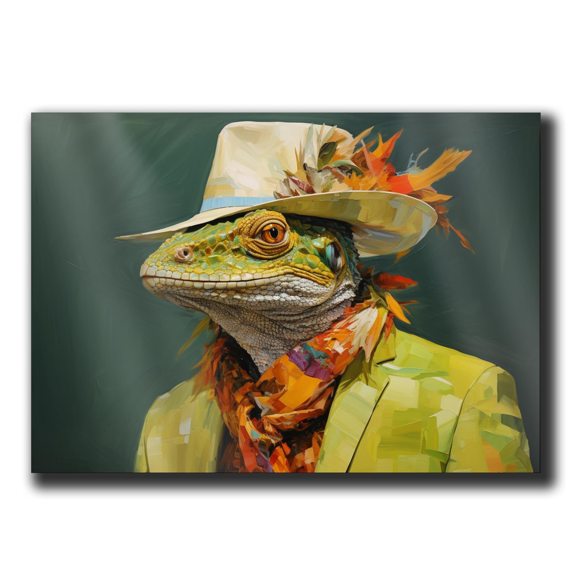 A Of An Iguana Dressed In Colourful And A Hat,Junya Watanabe, Street Style Realism, Western-Style Portraits, Green Academia, Decor poster