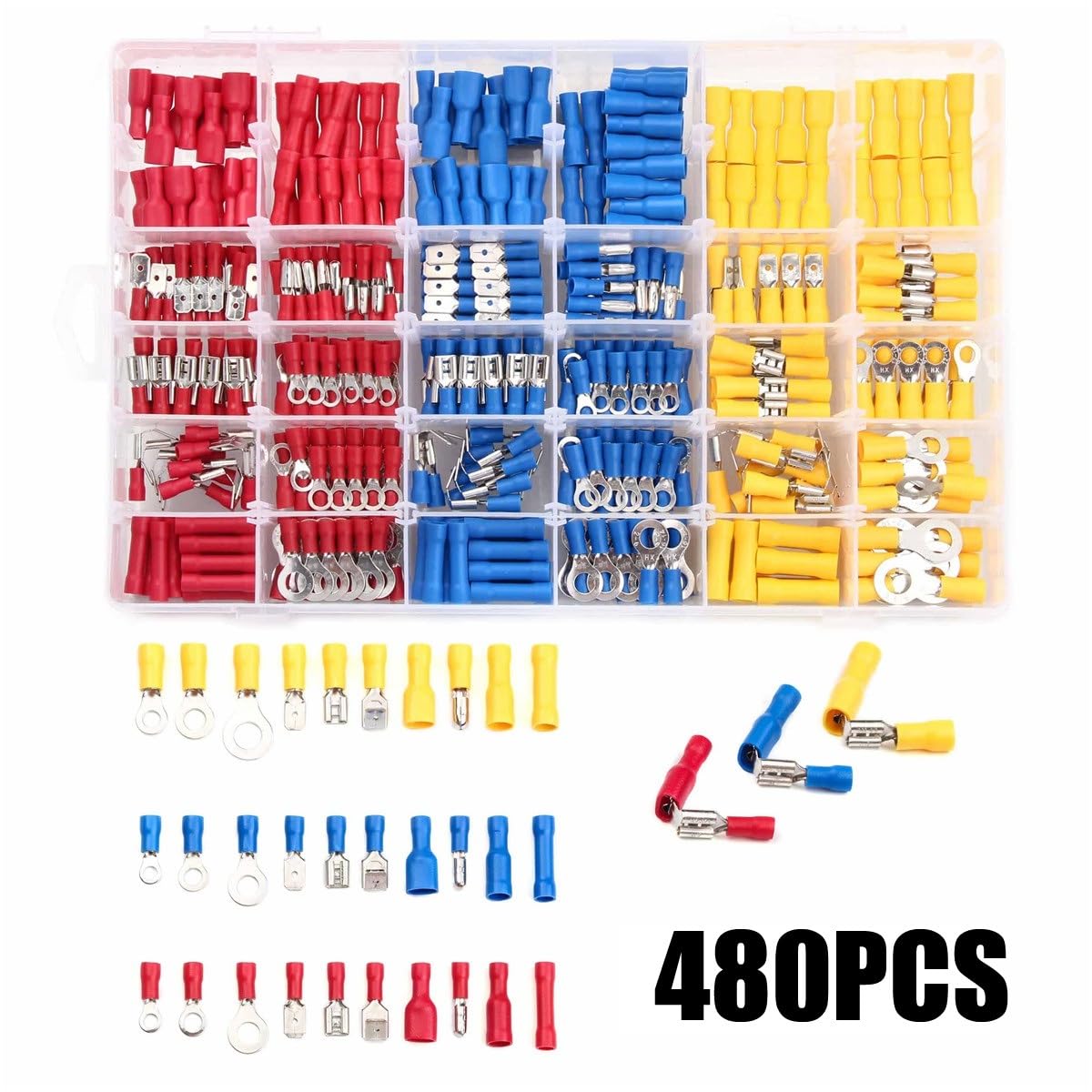 Terminales EléCtricos,Terminales Cables Electricos 280/480/120 0PCS Conector de cable aislado Alambre eléctrico Crimp Spade Spade Butt Fork Set Lujas de anillo Lugs Rolled Terminals Kit(1200Pcs)