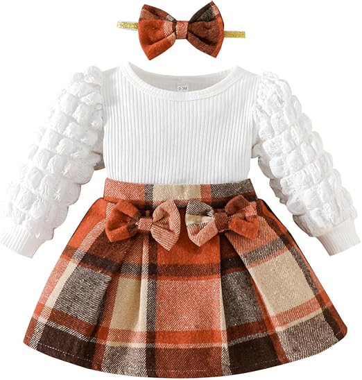 Toddler Baby Girl Plaid Dress Puff Sleeve Bow Patchwork Ribbed Shirts Dress Plaid Fall Winter Outfits with Headband