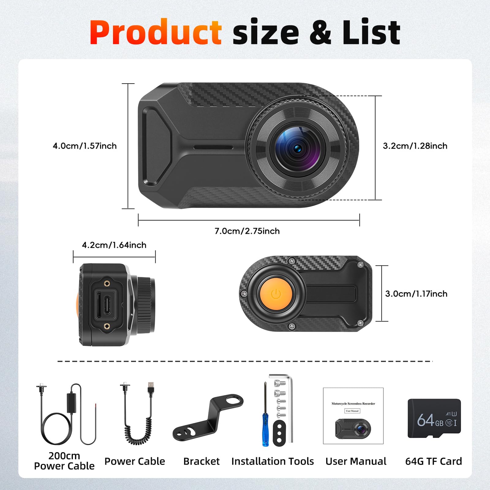 Motorrad-Dashcam ohne Display, 1080P IP66 wasserdichte Frontkamera mit WiFi App, Loop-Aufnahme, 110° Weitwinkel