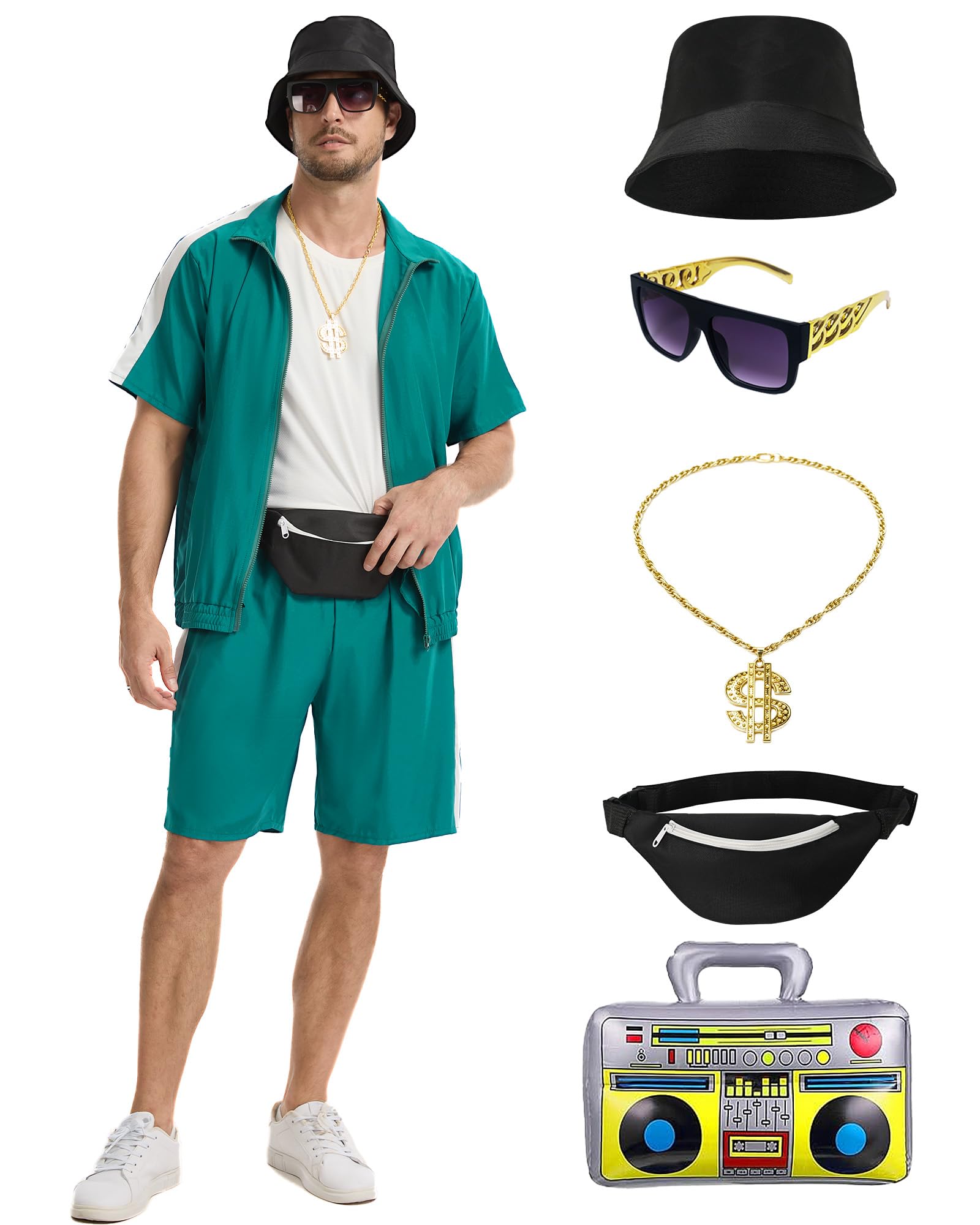 Crubelon 80s 90s Hip Hop Costume Set for Men, Rapper Tracksuit Outfit with Accessories, Retro Street Dance Party Fancy Dress, Stand Collar Jogging Suit (Grün, XXXL) — image 1