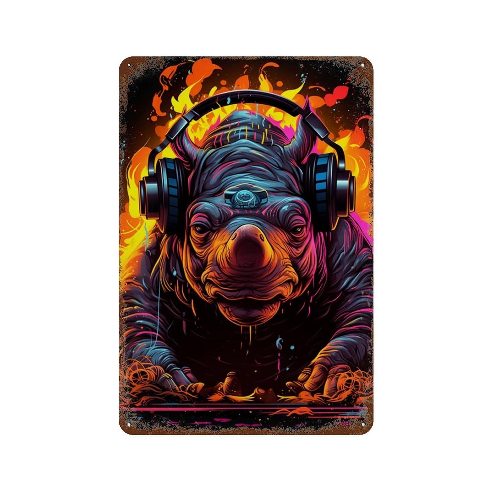 Garage Style Rhinoceros DJ Headphones Music Aged Metal Wall Plaque 11.8"x7.9", Old School Wall Decor for Bar And Workshop